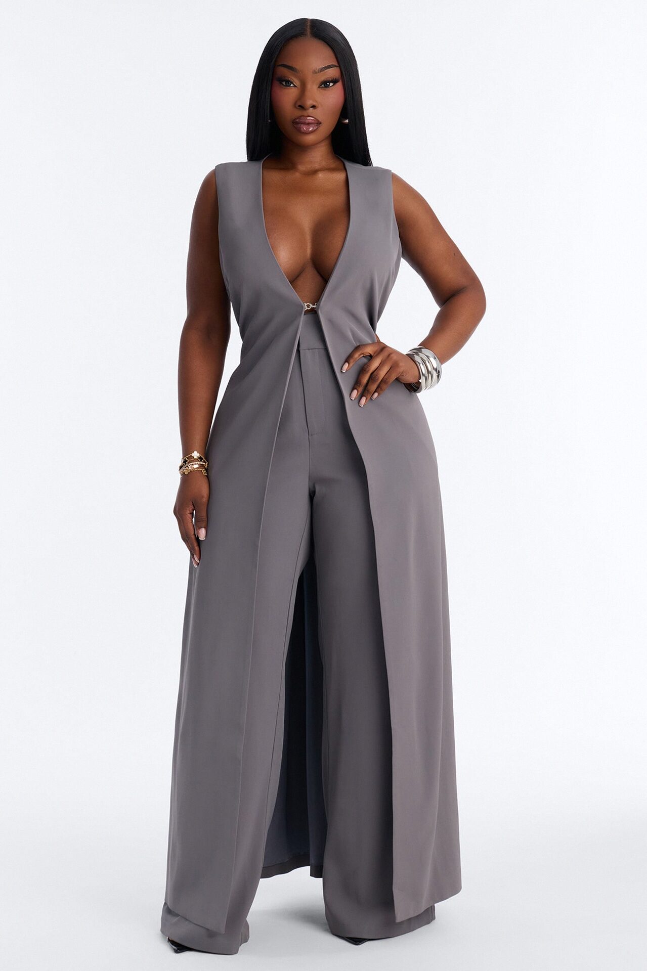 Olivia Long Vest Pant Set - Grey