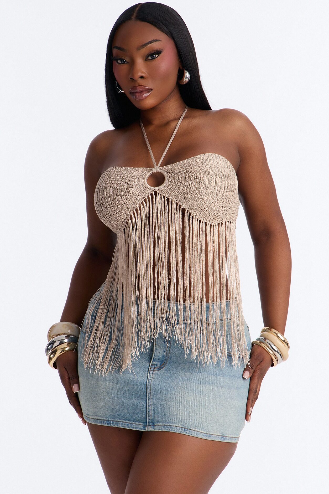 Island Dream Metallic Fringe Crochet Halter Top - Taupe