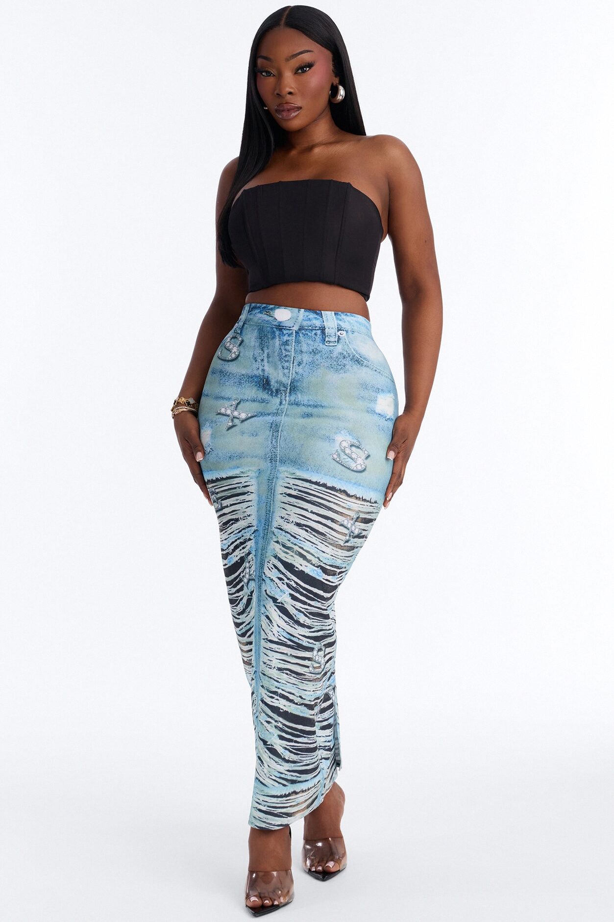 Bling Behavior Printed Knit Ankle Maxi Skirt - Blue/combo