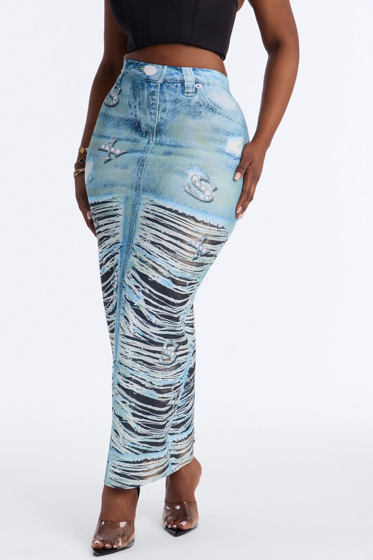 Bling Behavior Printed Knit Ankle Maxi Skirt - Blue/combo