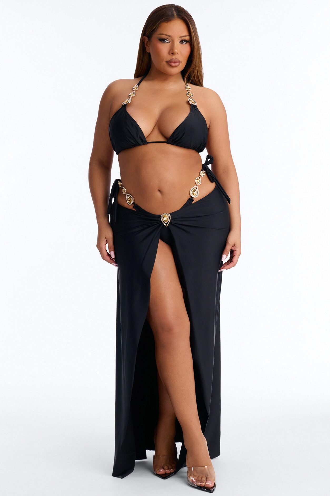 Take Me To Cancun Hardware High Slit 3 Piece Bikini Skirt Set - Black
