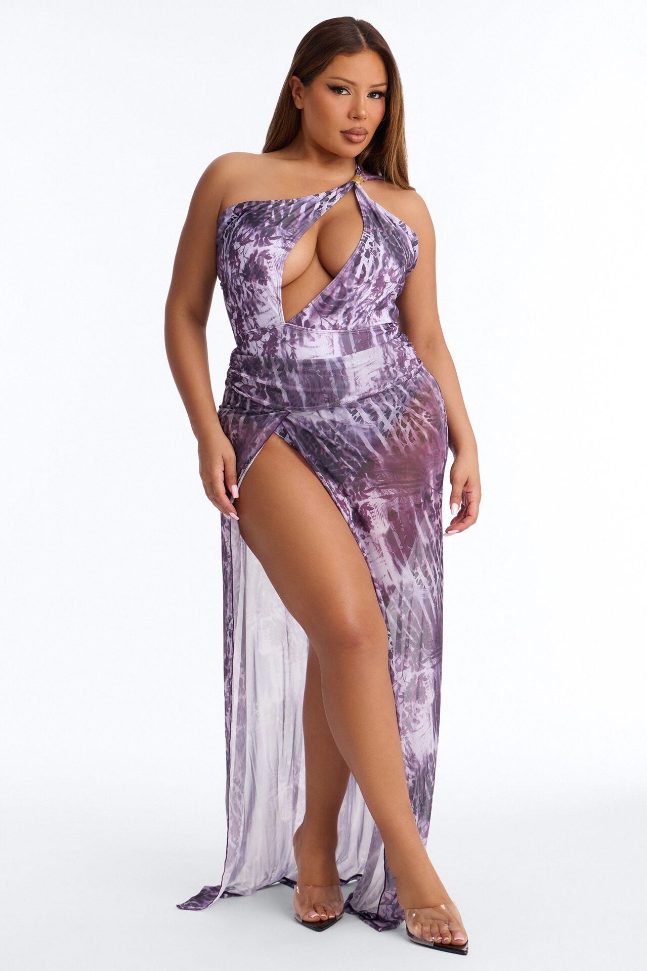 Olivia One Shoulder Hardware Asymmetrical 3 Piece Bikini & Cover Up Sunsuit - Purple