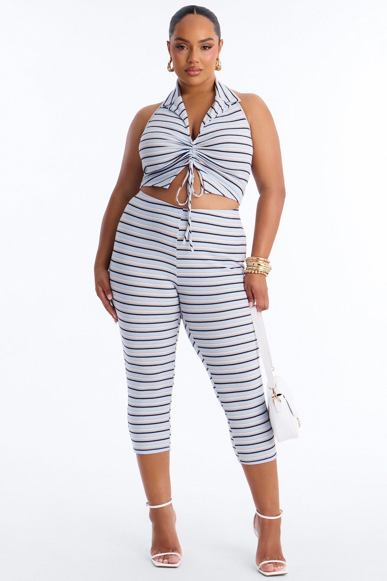 Mya Striped Thermal Capri Set - Blue/combo