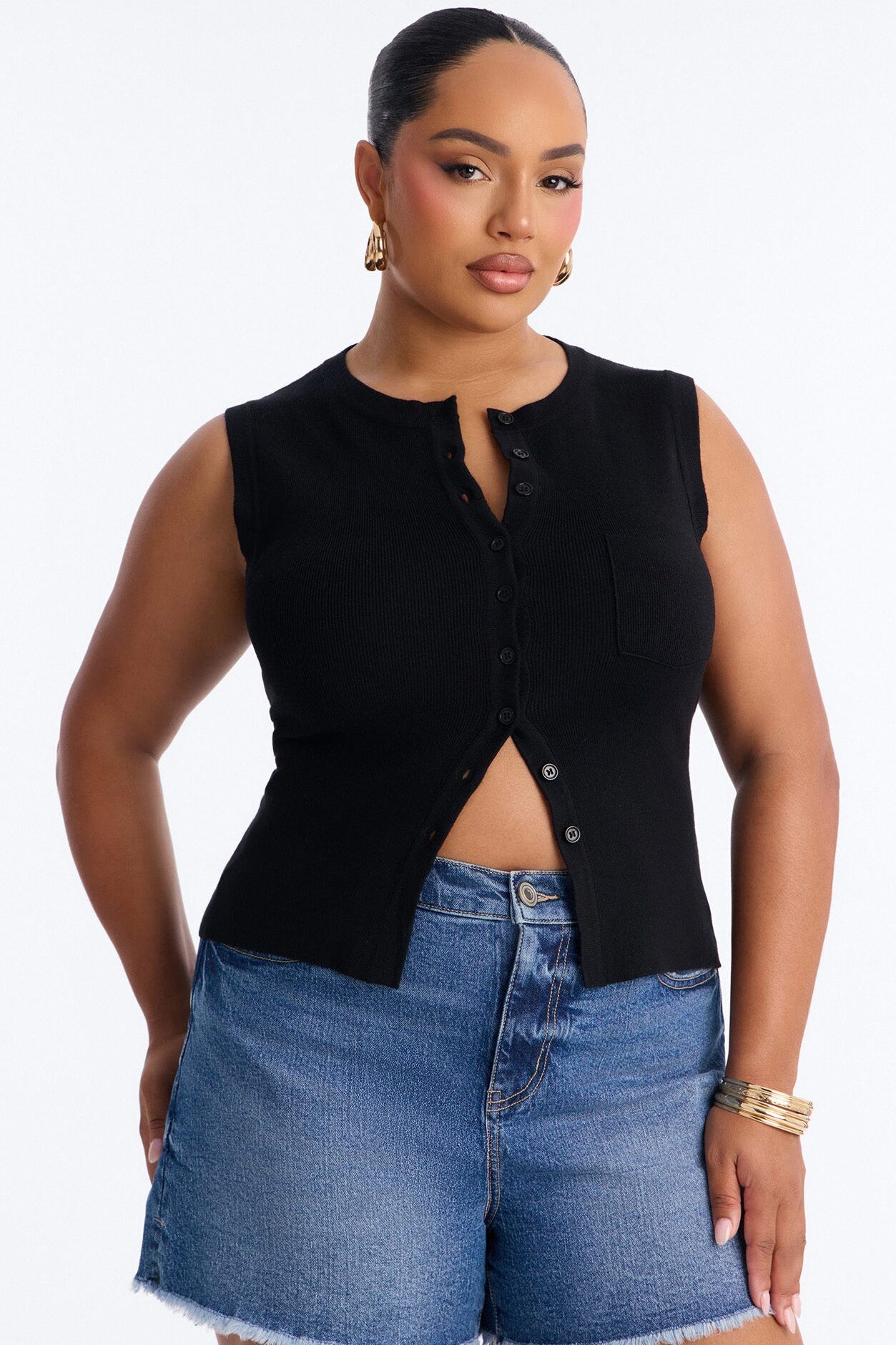 Leona Button Up Sweater Top - Black