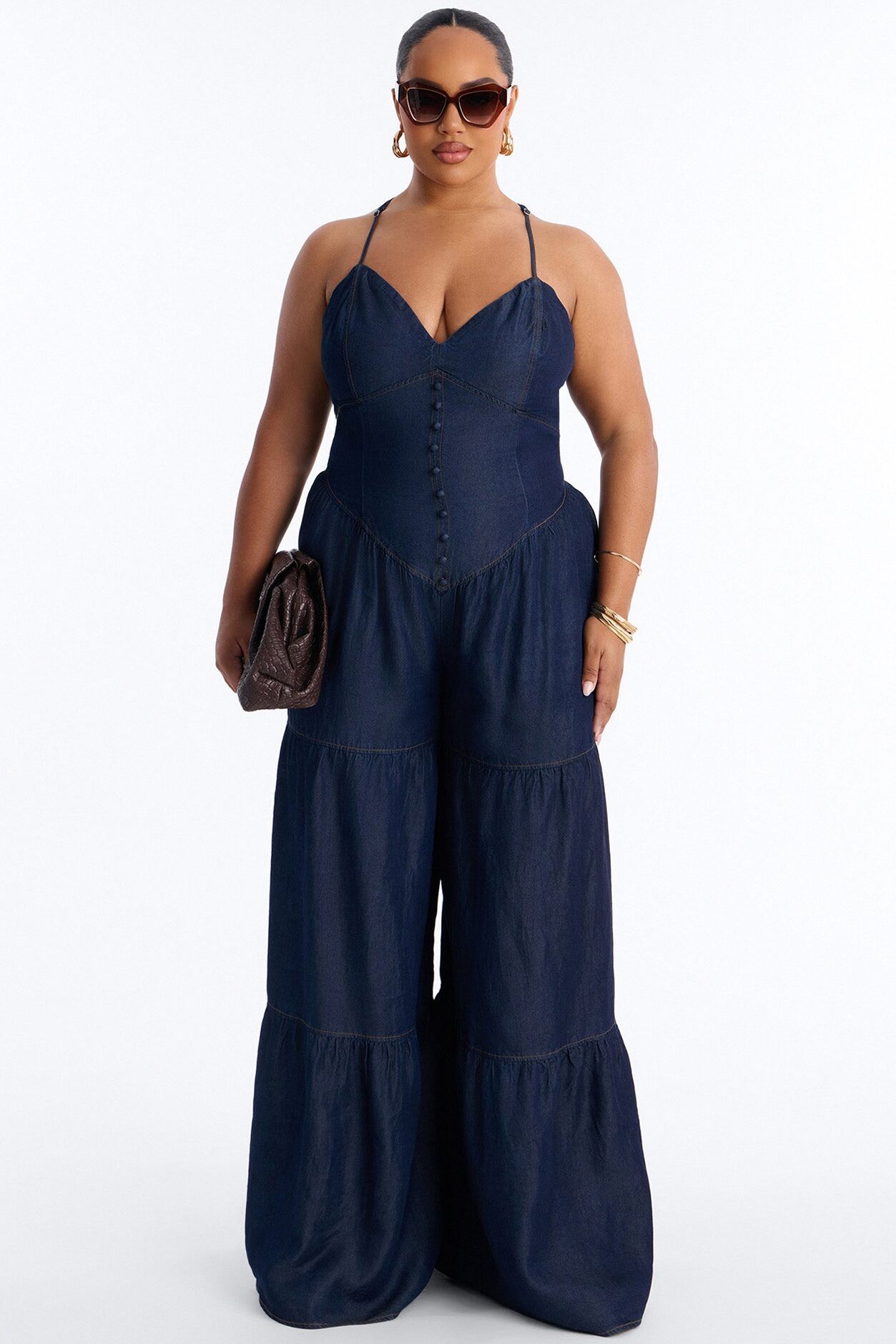 Belle Denim Tiered Wide Leg Jumpsuit - Dark Wash