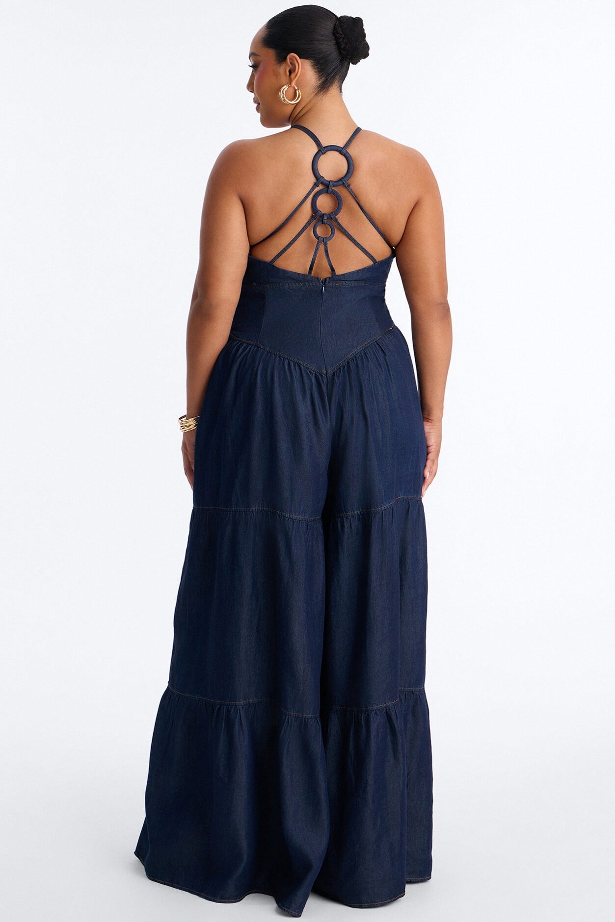 Belle Denim Tiered Wide Leg Jumpsuit - Dark Wash