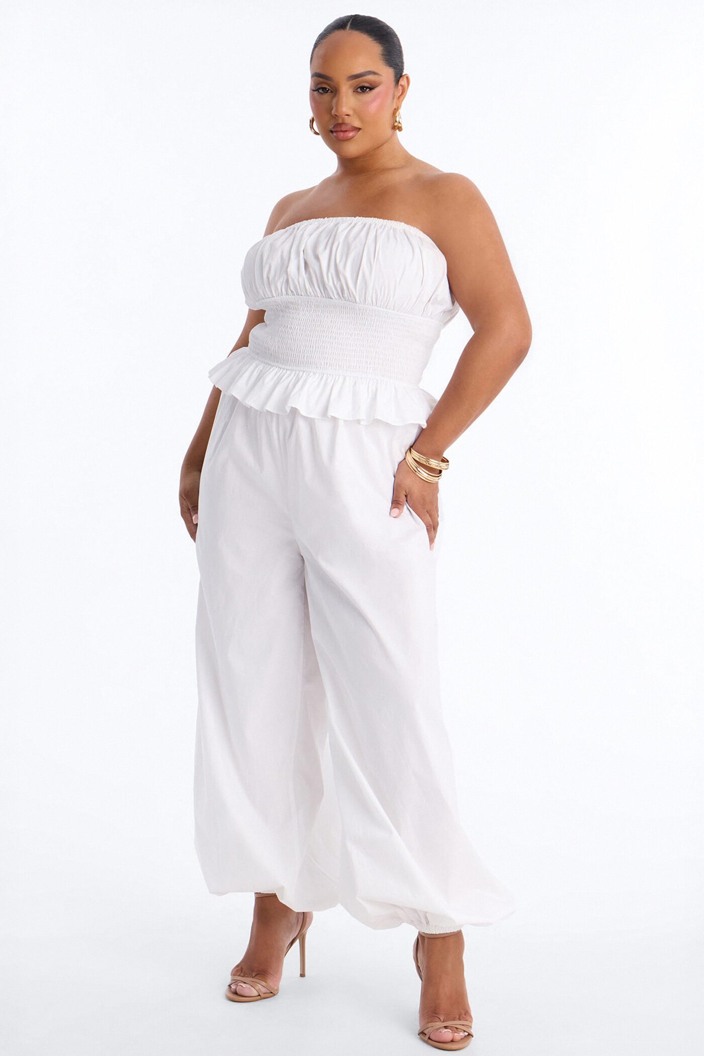 Airy Moment Poplin Balloon Leg Jumpsuit - White