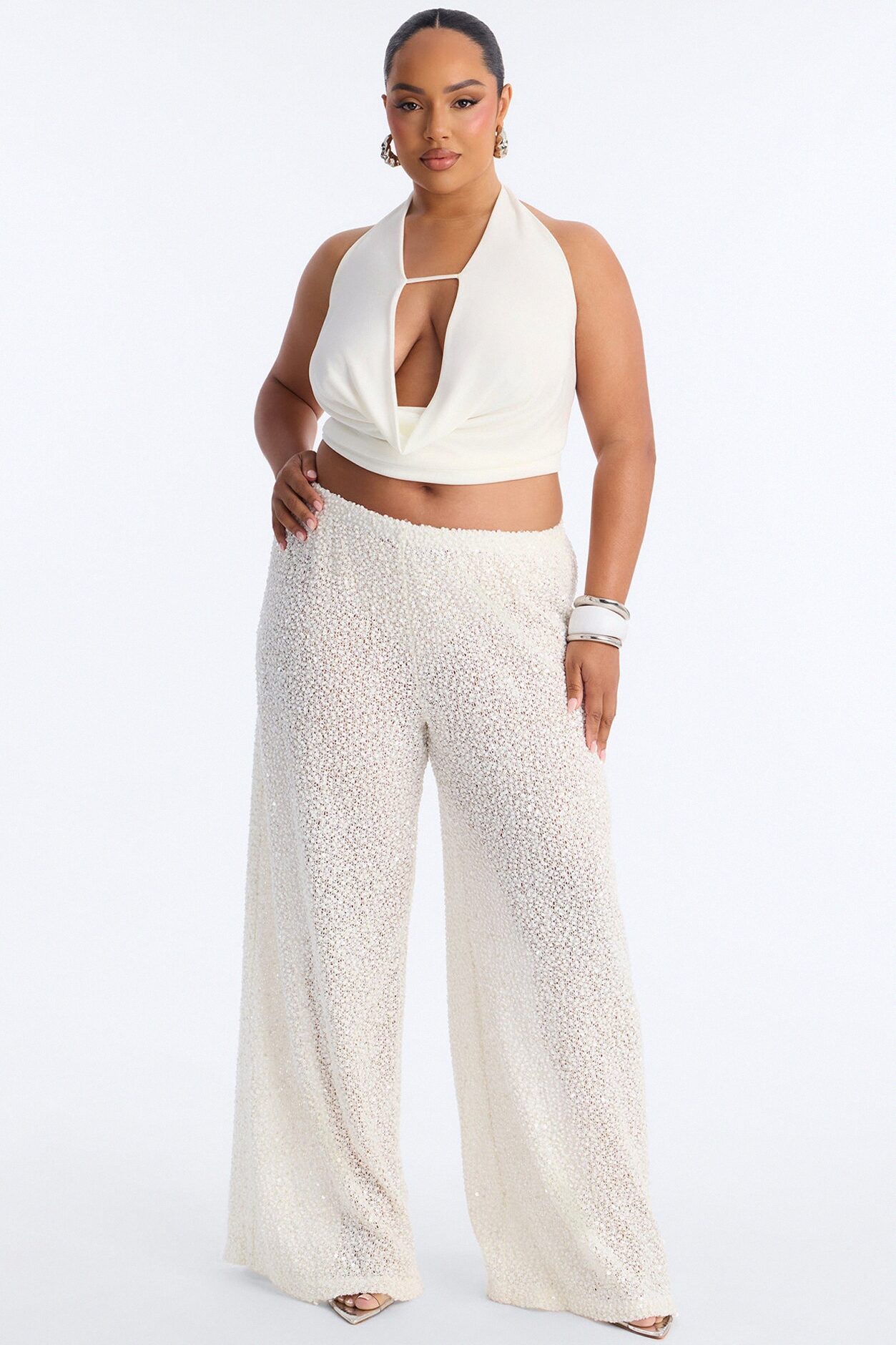 Azalea Low Rise Sequin Crochet Wide Leg Pant 33″ - White