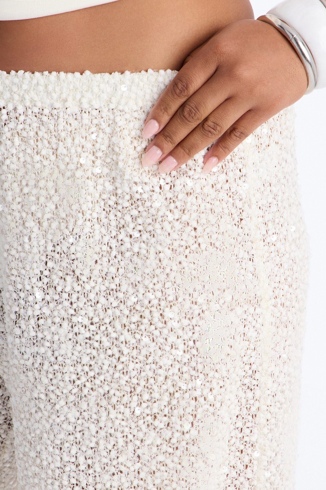 Azalea Low Rise Sequin Crochet Wide Leg Pant 33″ - White