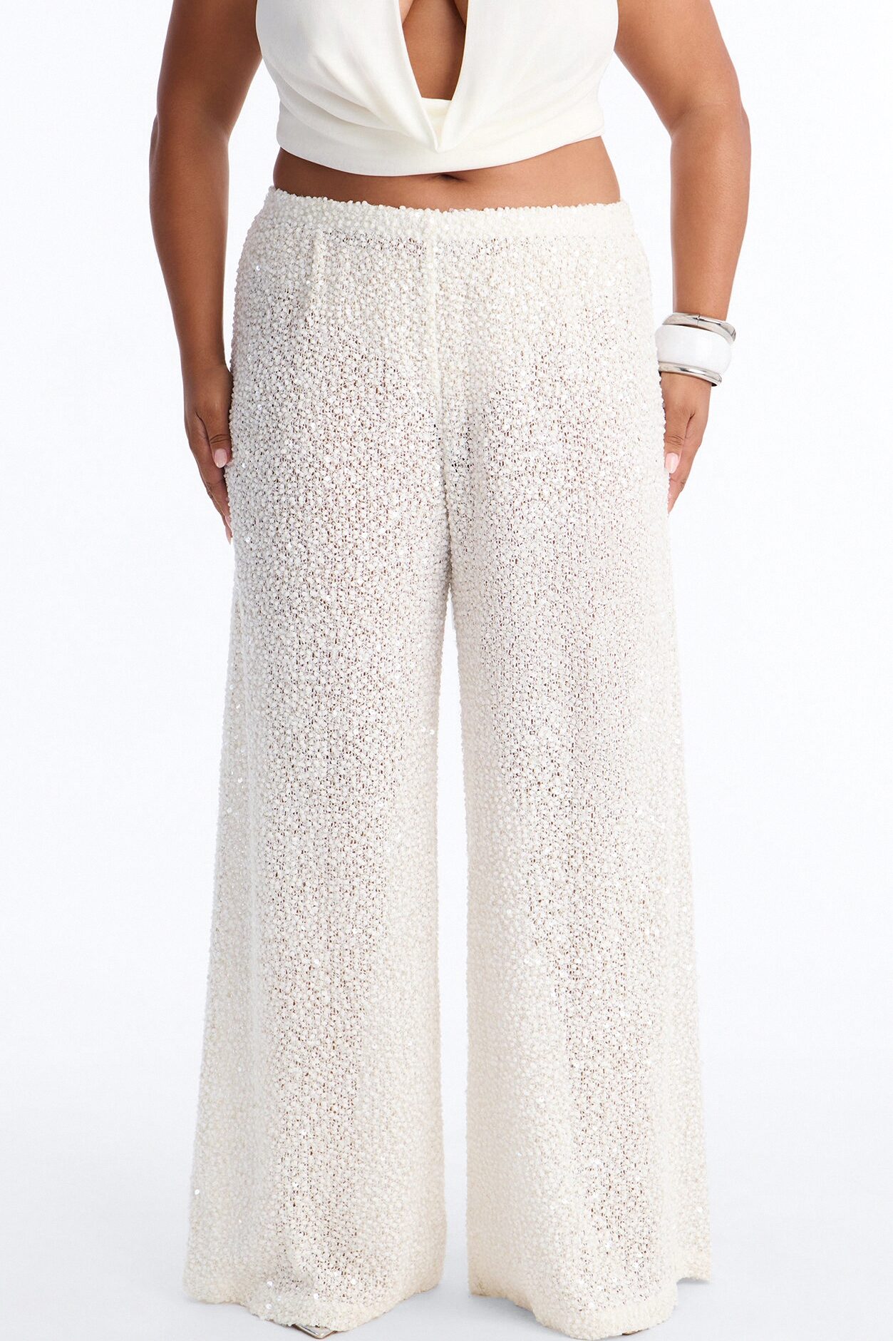 Azalea Low Rise Sequin Crochet Wide Leg Pant 33″ - White