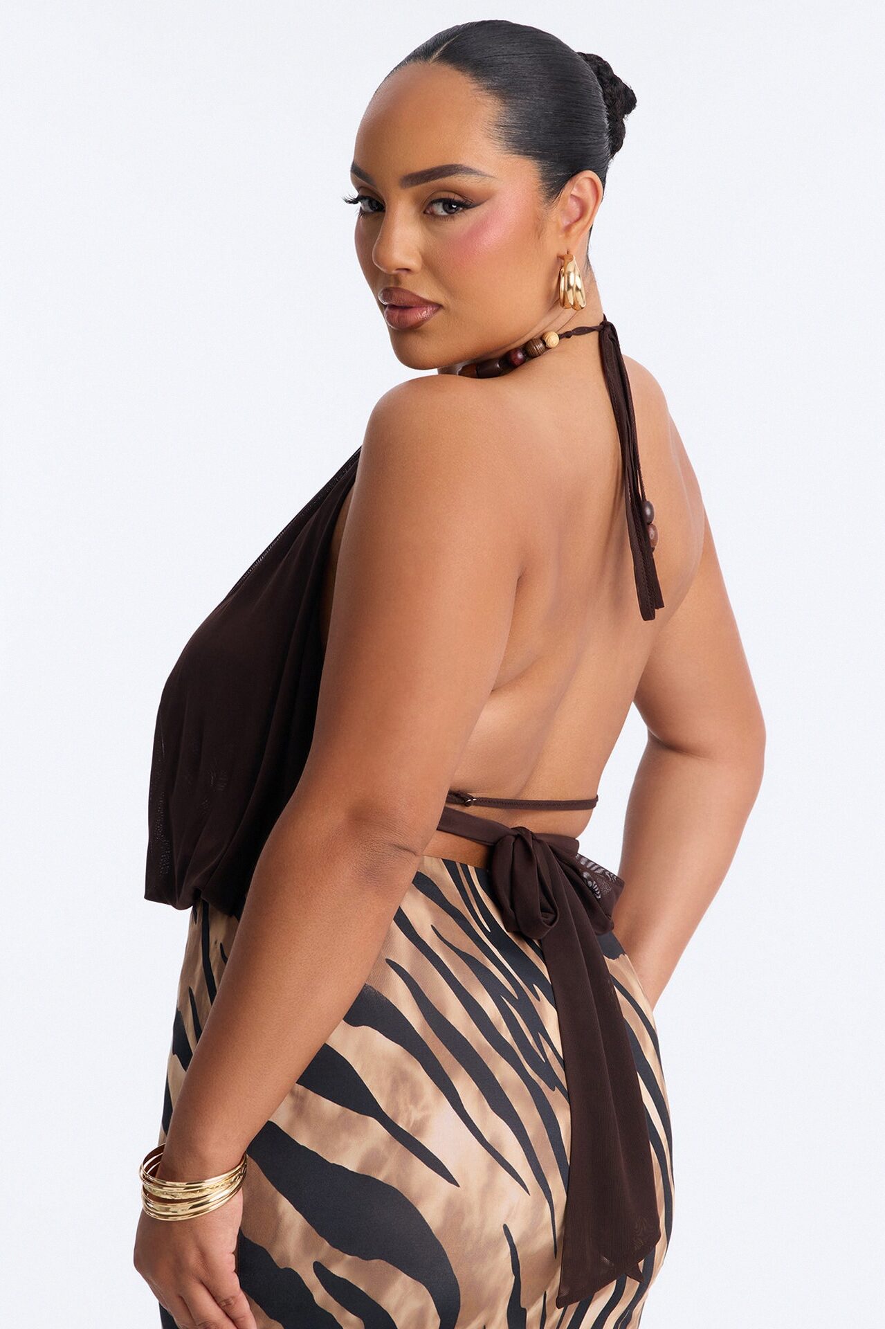 Vacay Mood Mesh Beaded Halter Top - Brown