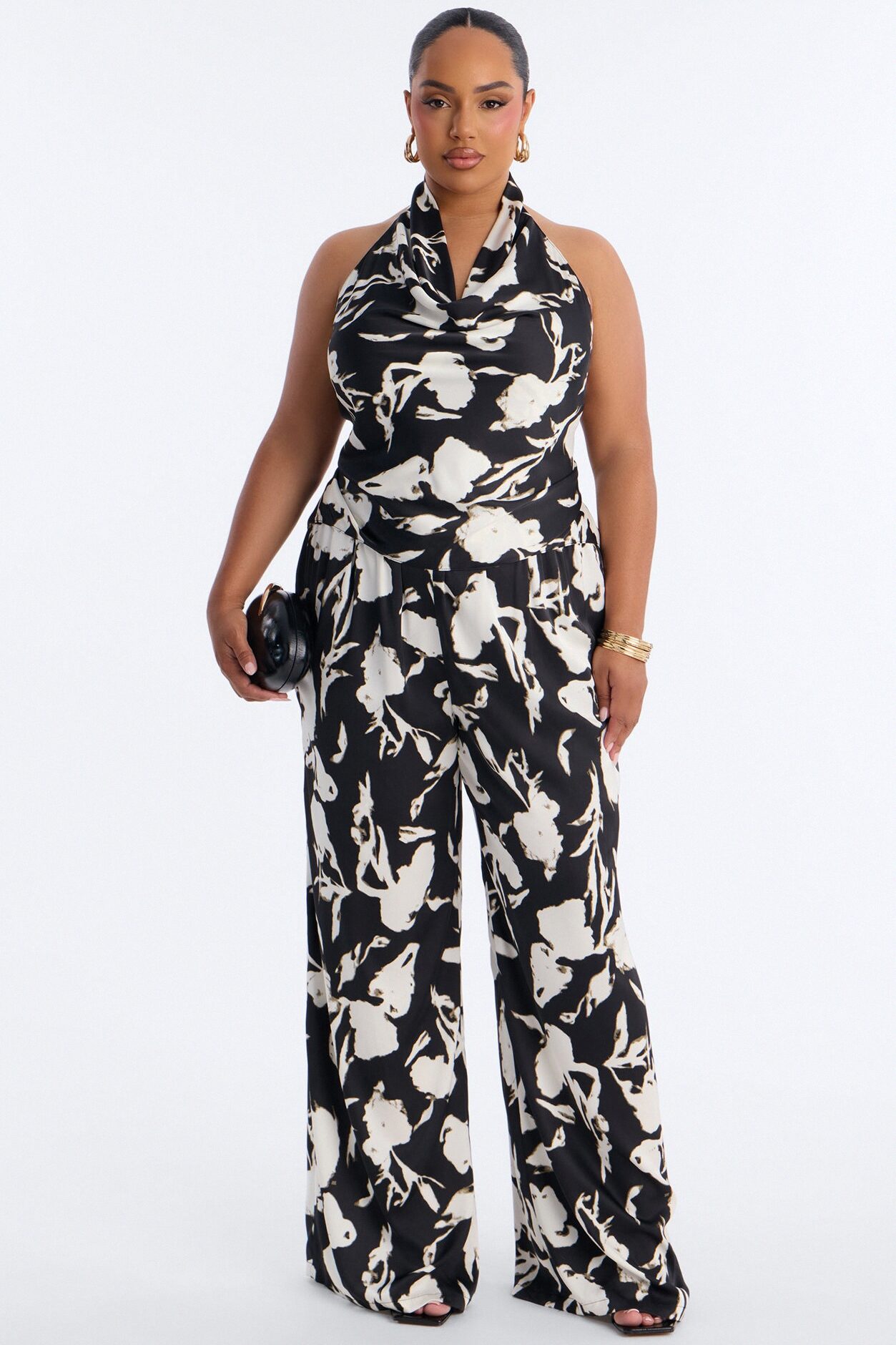 Isabelle Printed Halter Cowl Neck Pant Set - Black/combo