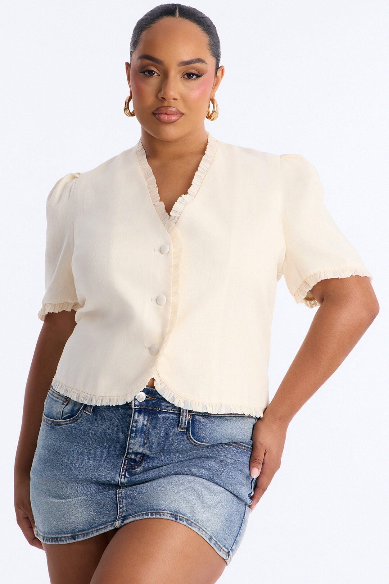 Chic With Love Ruffle Trim Linen Top - Beige