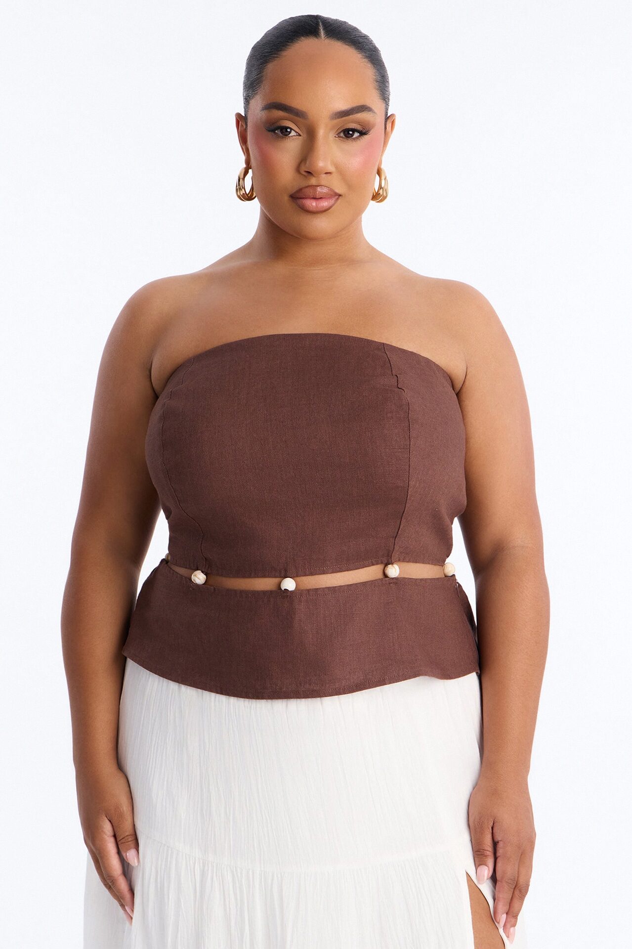 On The Guest List Beaded Linen Top - Brown