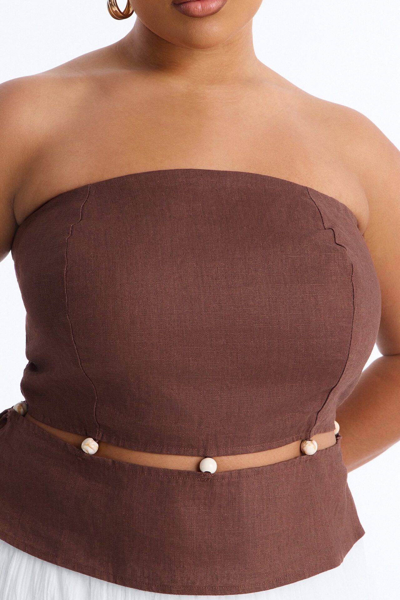 On The Guest List Beaded Linen Top - Brown