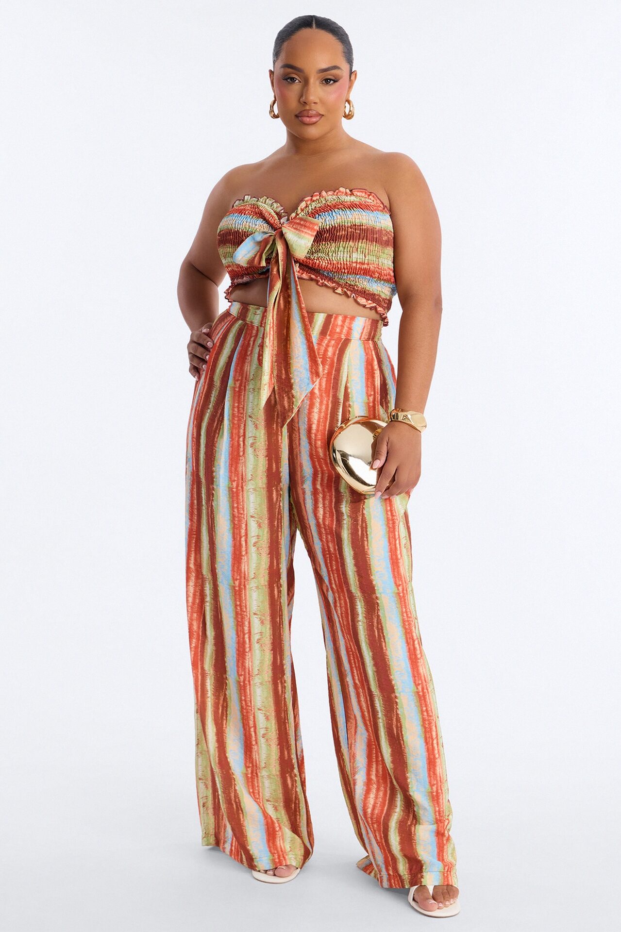 Taryn Smocked Top Wide Leg Pant Set - Rust/combo