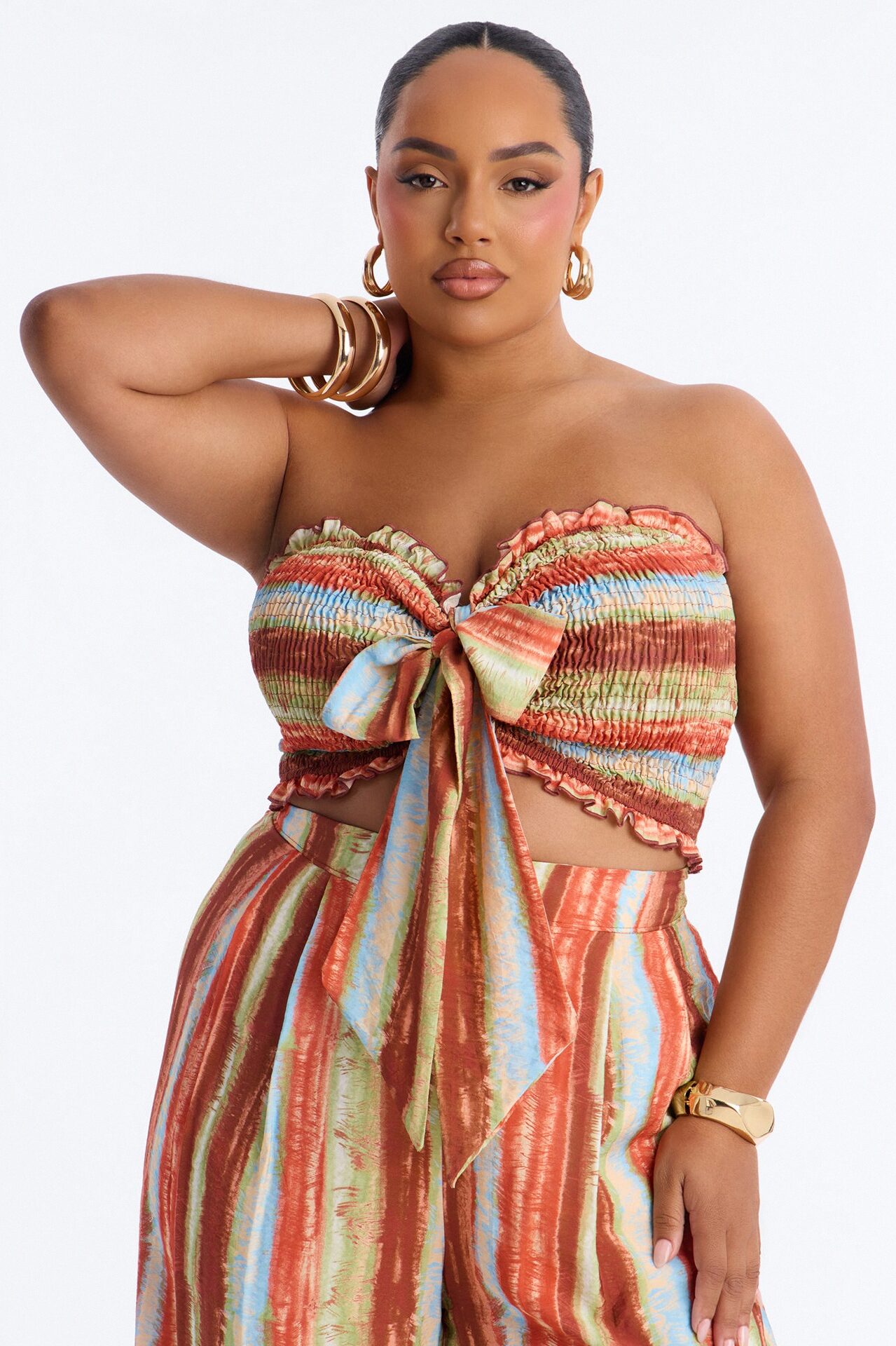 Taryn Smocked Top Wide Leg Pant Set - Rust/combo