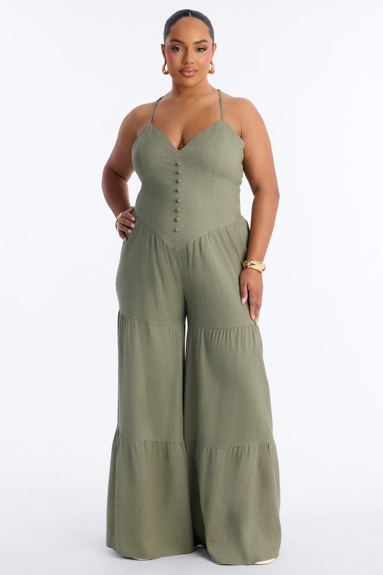 Belle Denim Tiered Wide Leg Jumpsuit - Olive