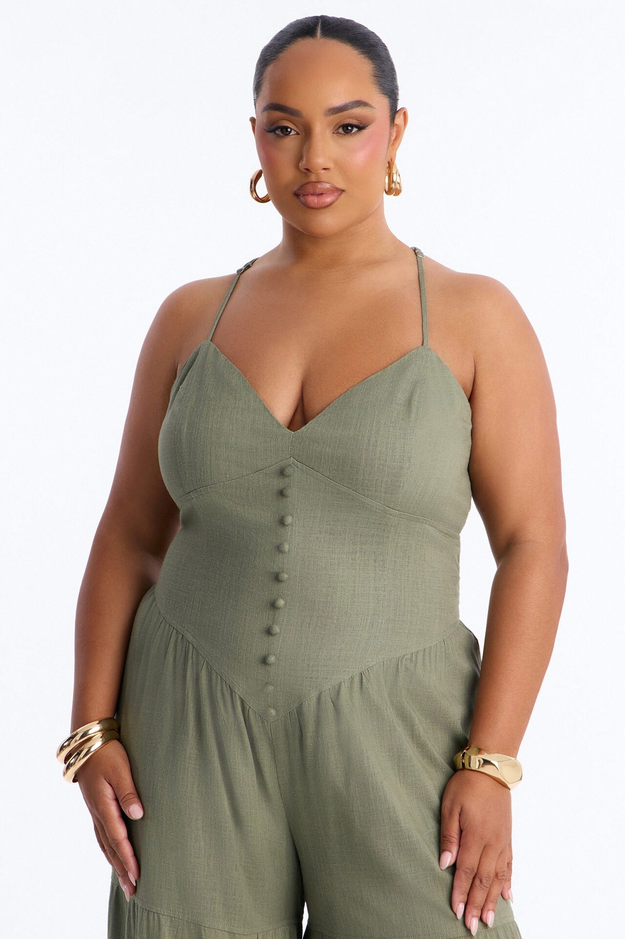 Belle Denim Tiered Wide Leg Jumpsuit - Olive