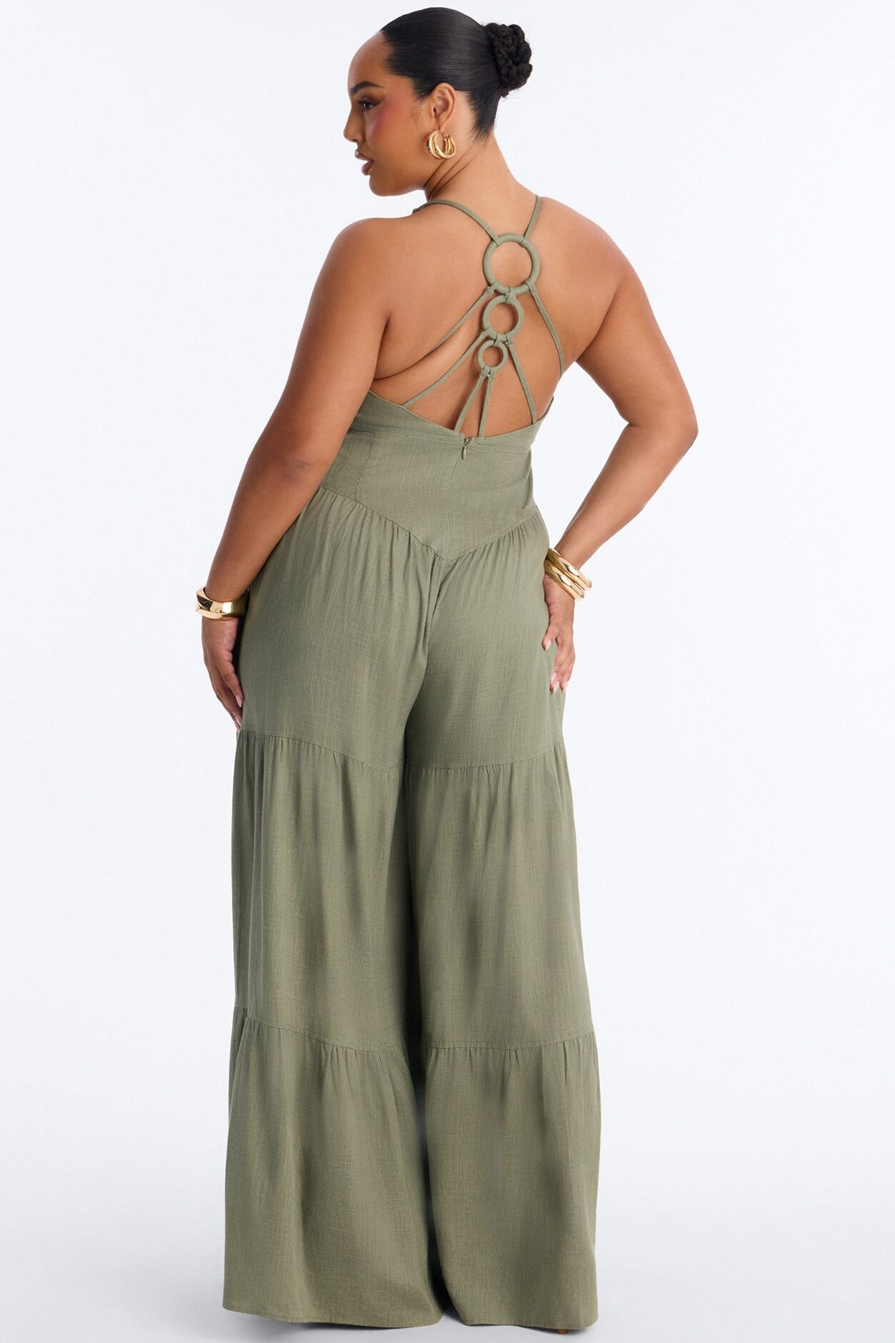 Belle Denim Tiered Wide Leg Jumpsuit - Olive