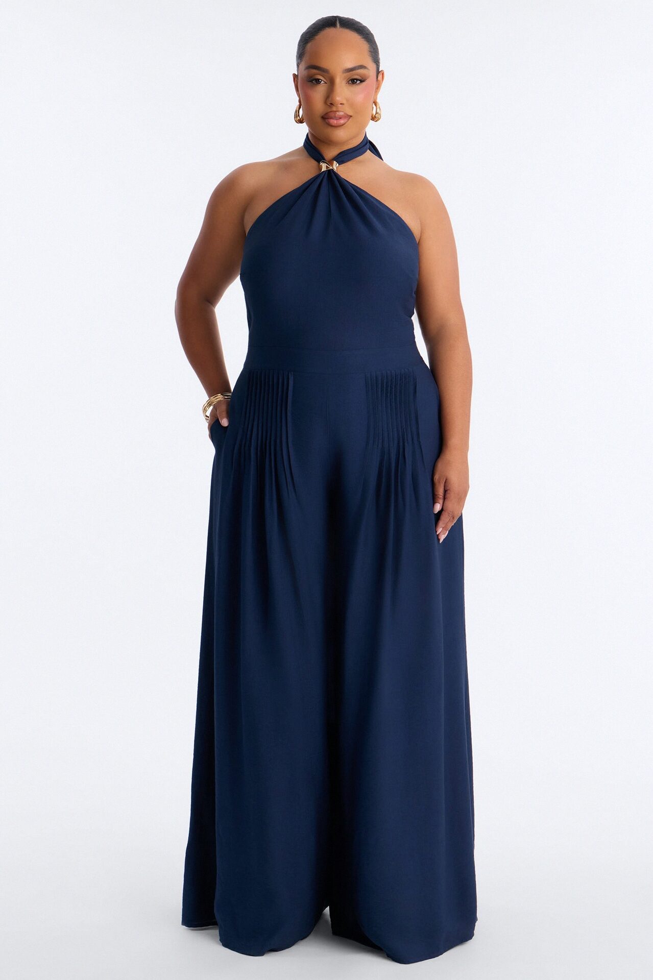 Alana Halter Pleated Wide Leg Jumpsuit - Navy