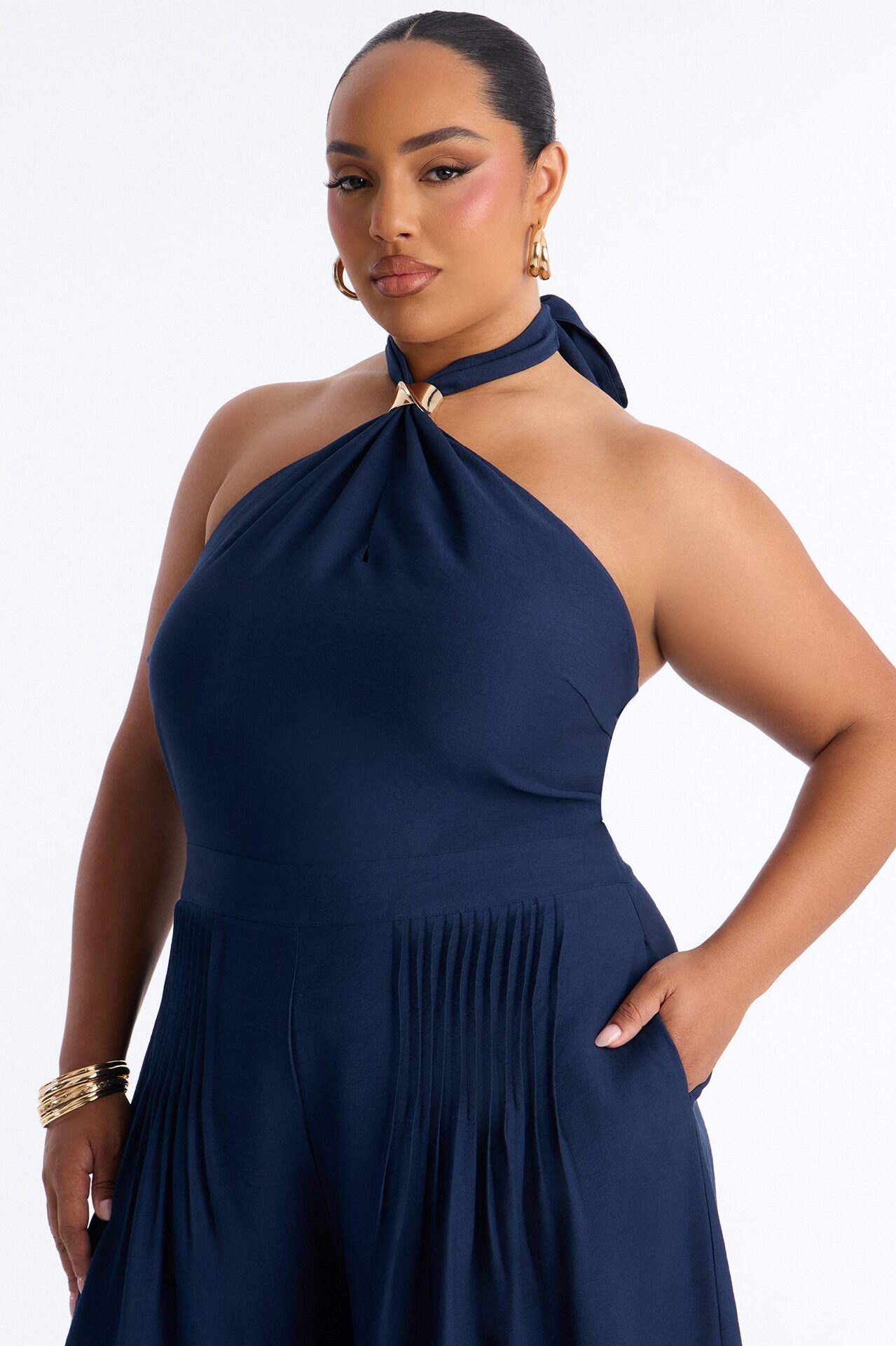 Alana Halter Pleated Wide Leg Jumpsuit - Navy