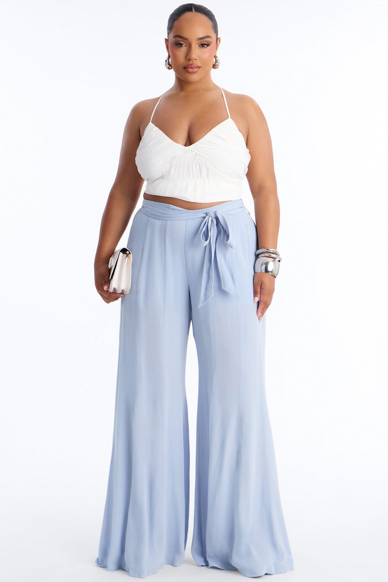Kelsey Mid Rise Tie Waist Flowy Wide Leg Pant 34″ - Light Blue