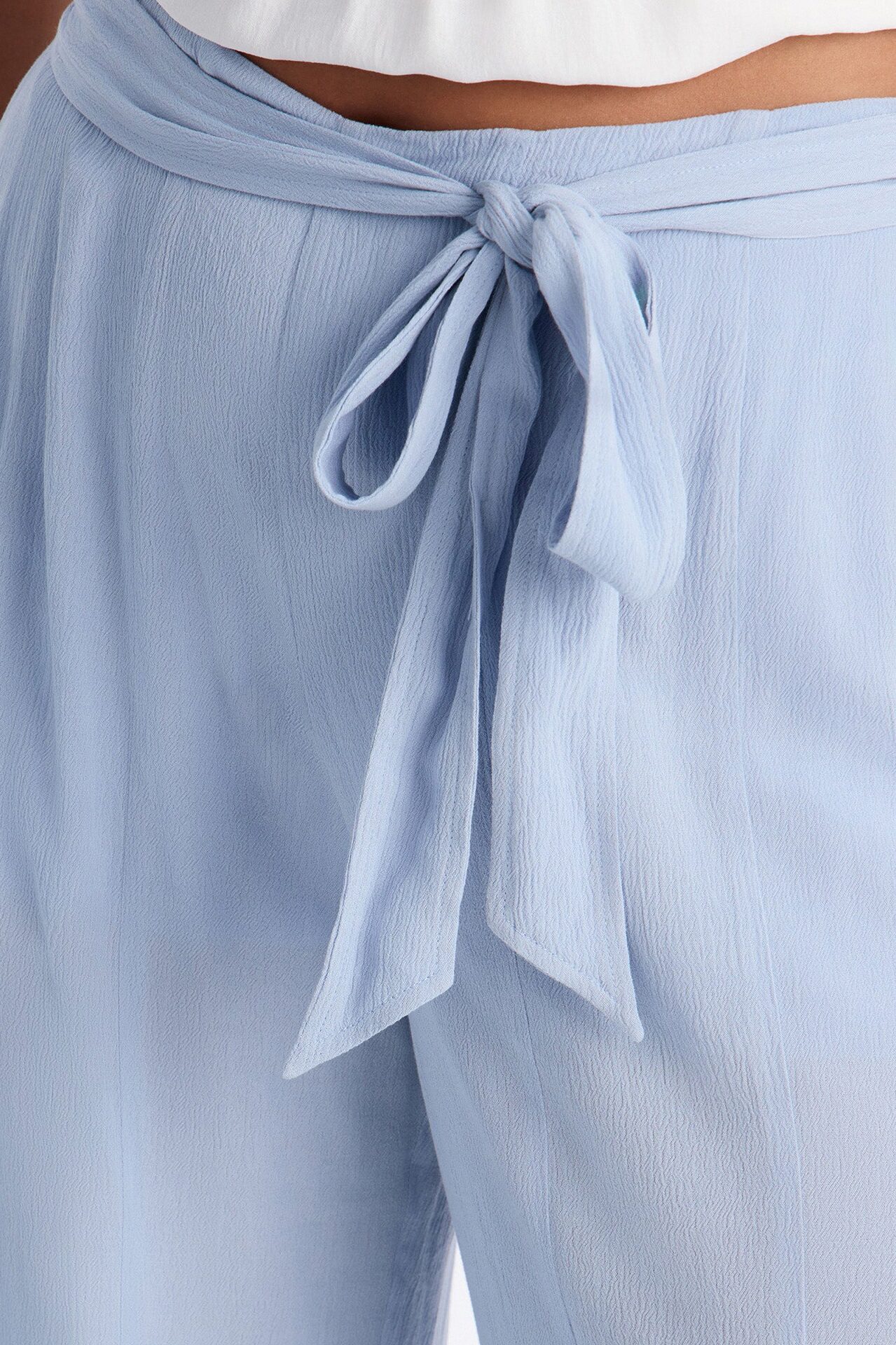 Kelsey Mid Rise Tie Waist Flowy Wide Leg Pant 34″ - Light Blue