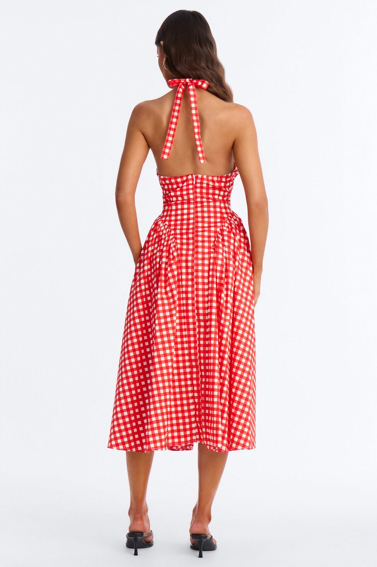 Mara Corset Gingham Midi Dress - Red/combo