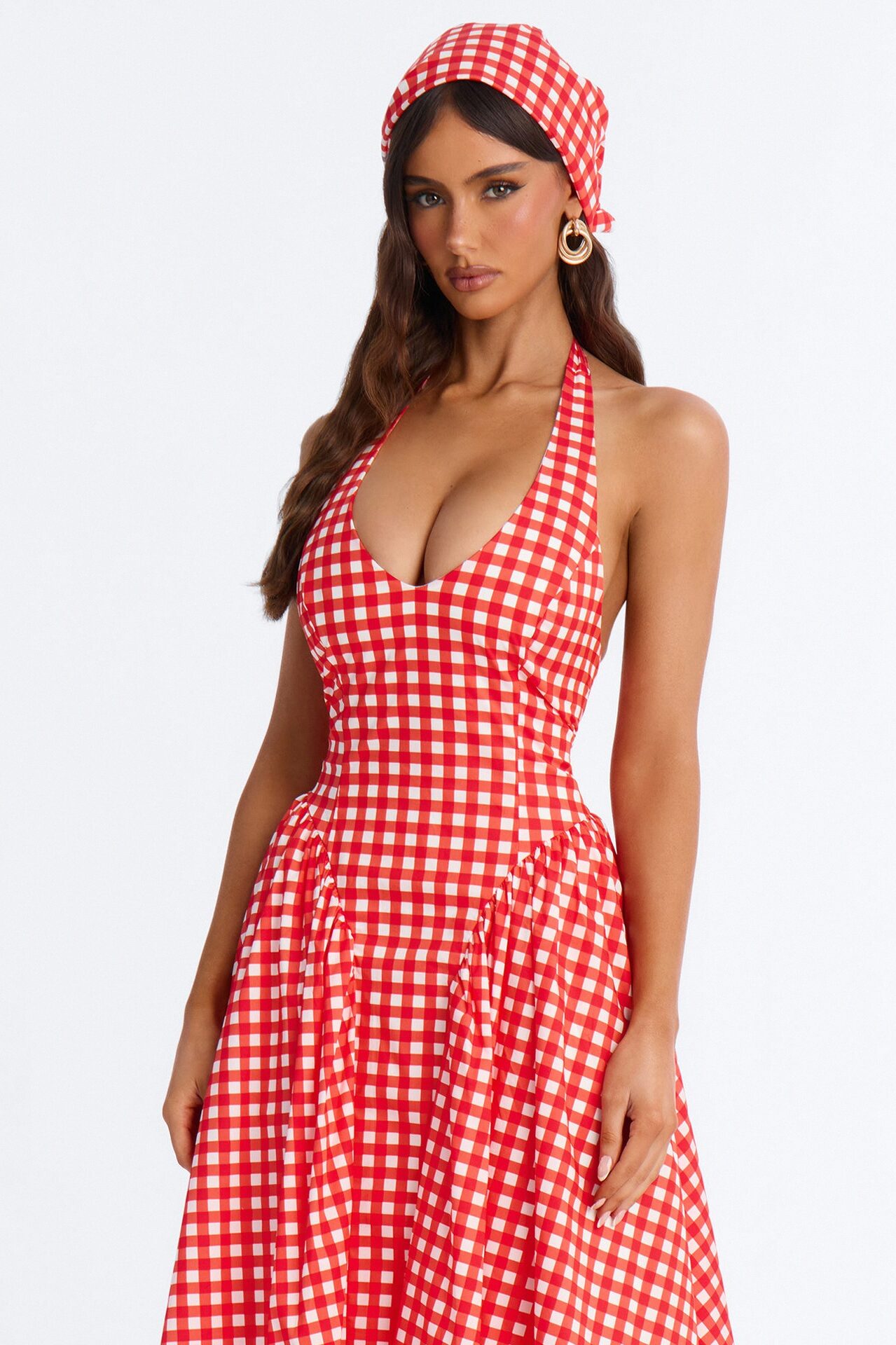 Mara Corset Gingham Midi Dress - Red/combo