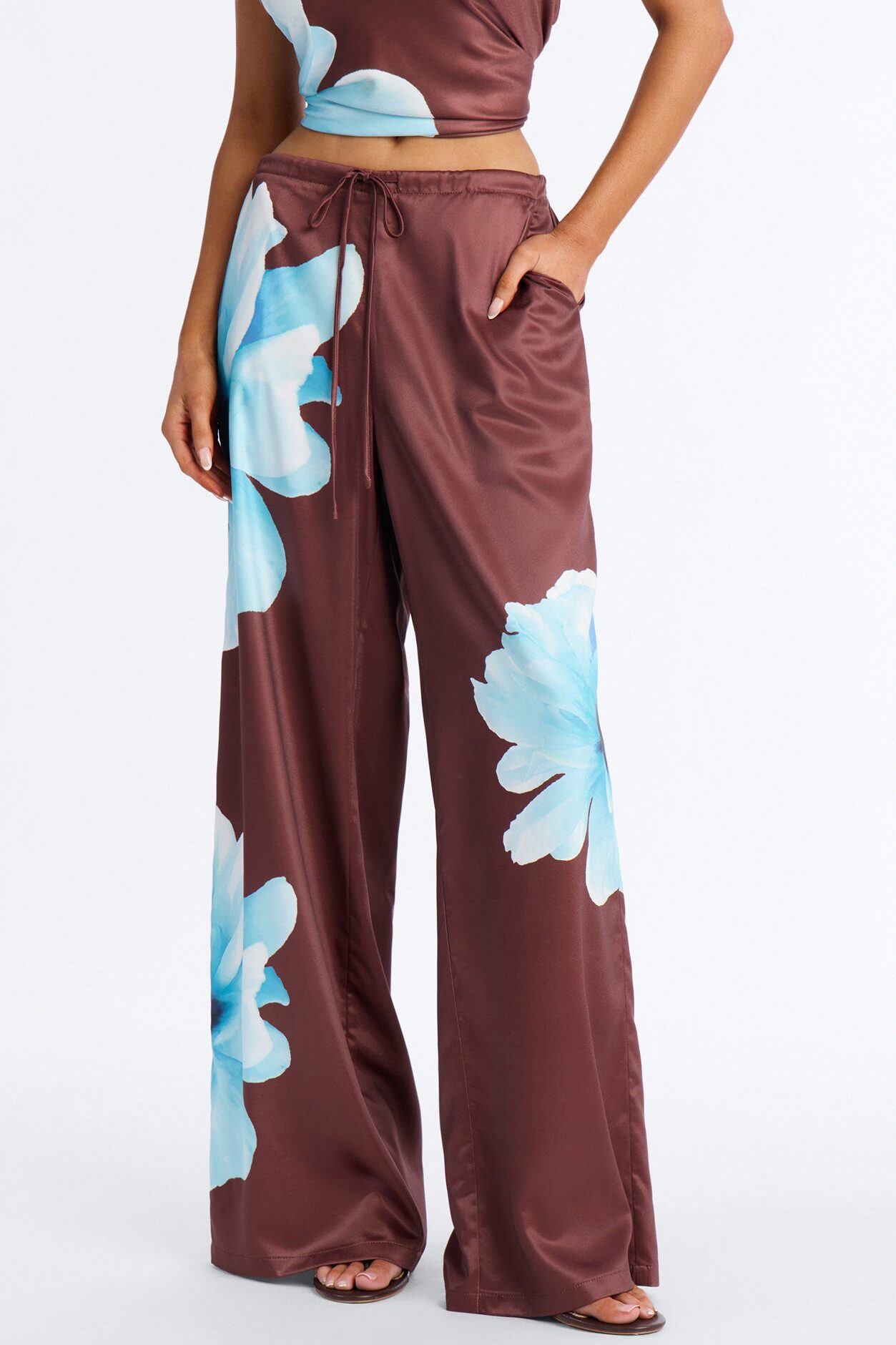Leora Satin Drawstring Pant - Brown Combo
