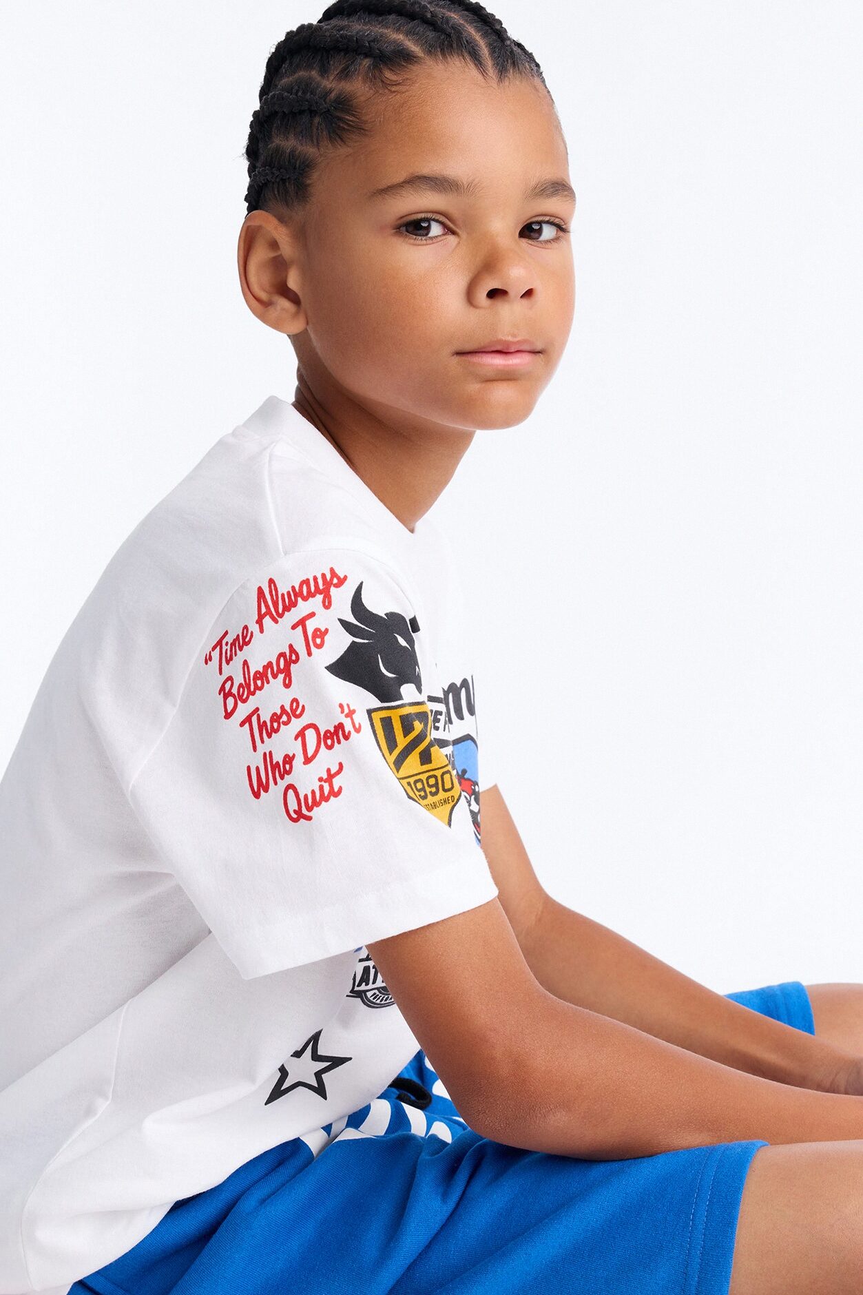 Mini I'm The Champ Fleece Short Set - White/Blue