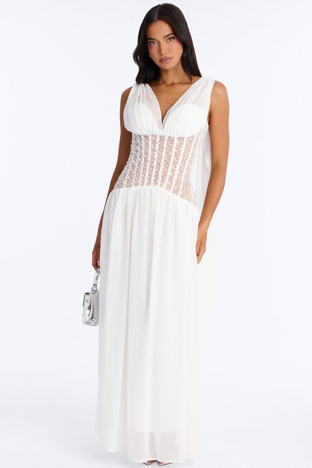Radiant Aura Embellished Corset Maxi Dress - White