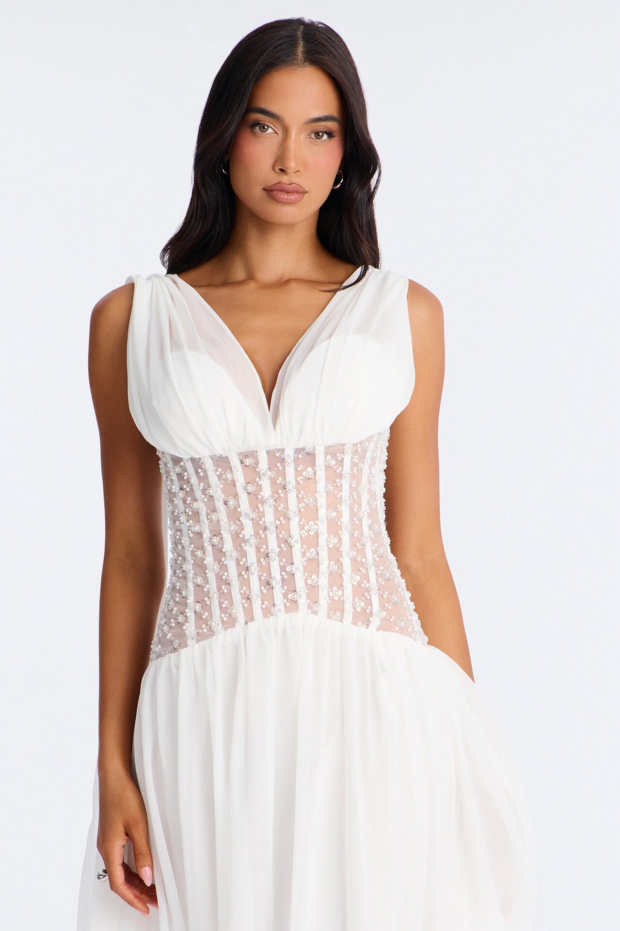 Radiant Aura Embellished Corset Maxi Dress - White