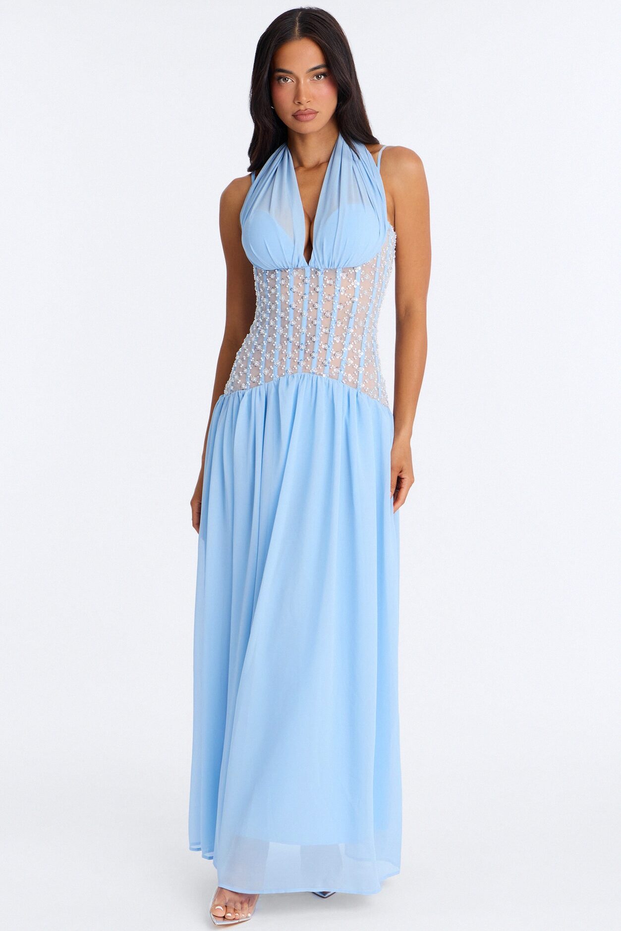 Radiant Aura Embellished Corset Maxi Dress - Light Blue