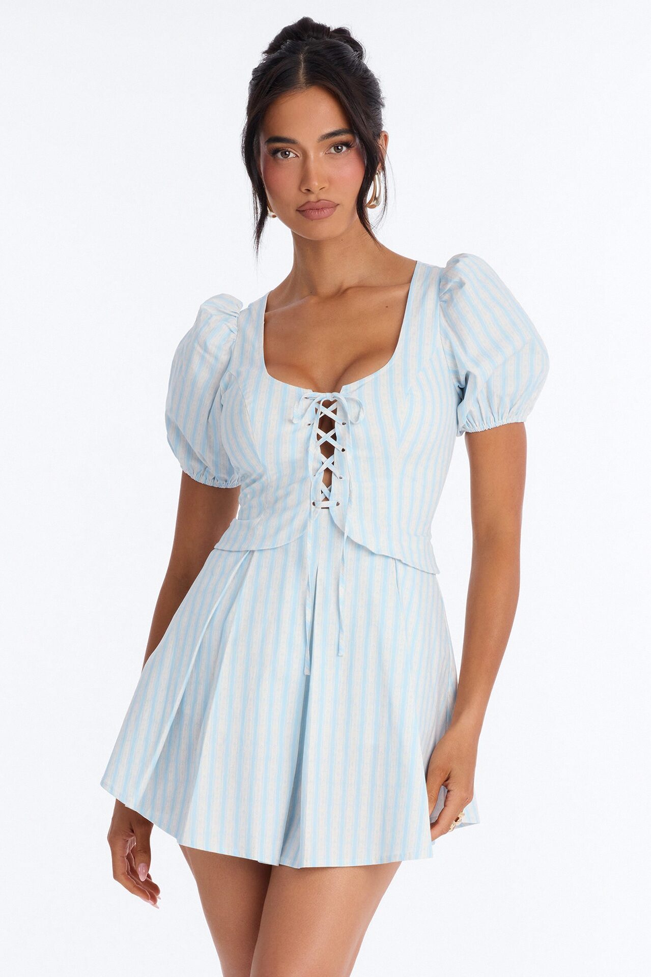 Delilah Poplin Striped Puff Sleeve Mini Dress - Blue/combo