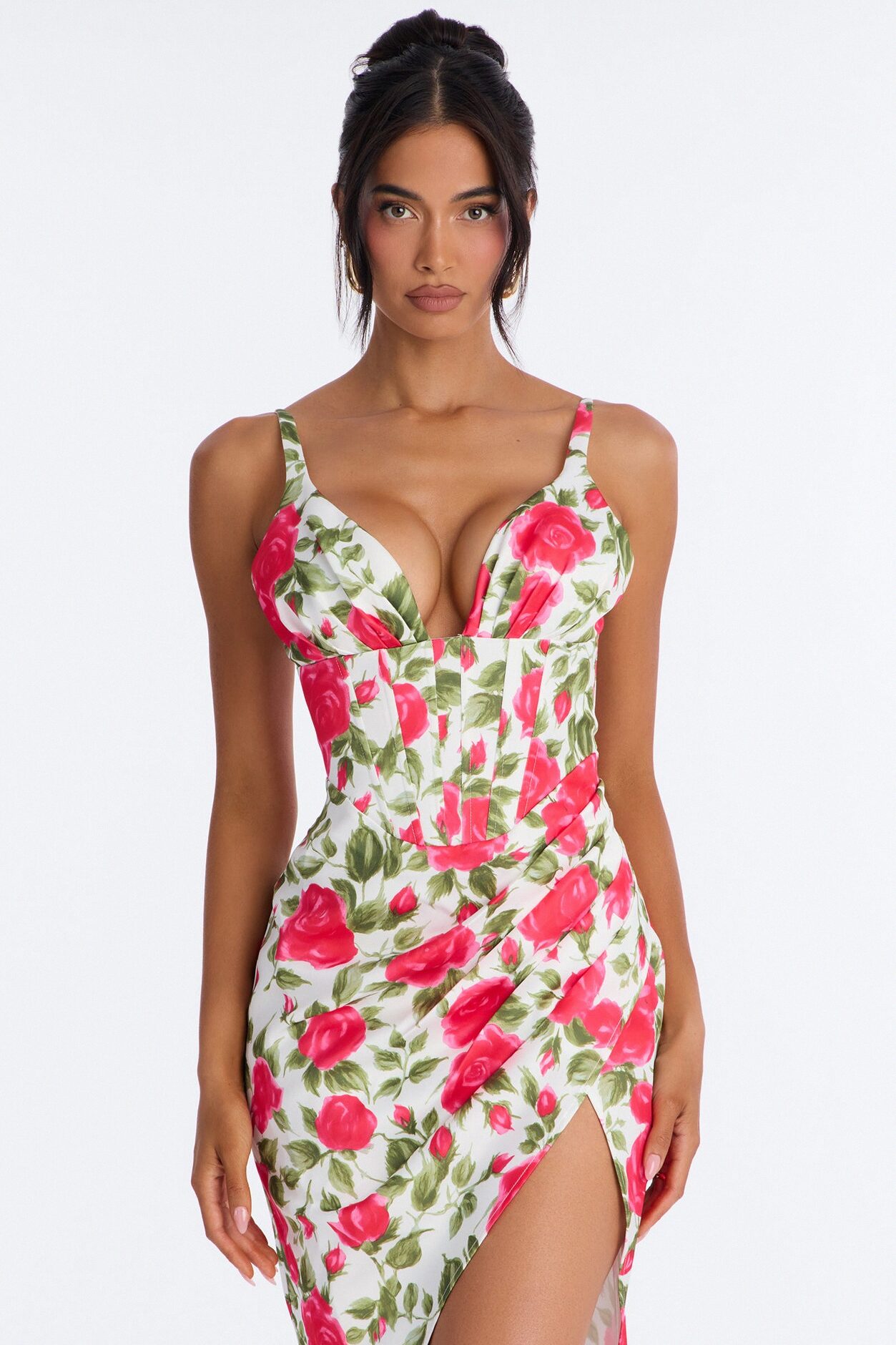 Sweetheart Floral Satin Corset Midi Dress - Pink/combo