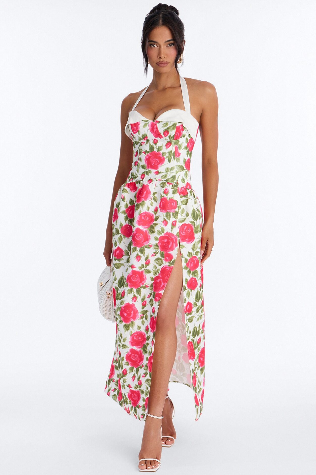 Sweetheart Floral Satin High Slit Maxi Dress - Pink/combo