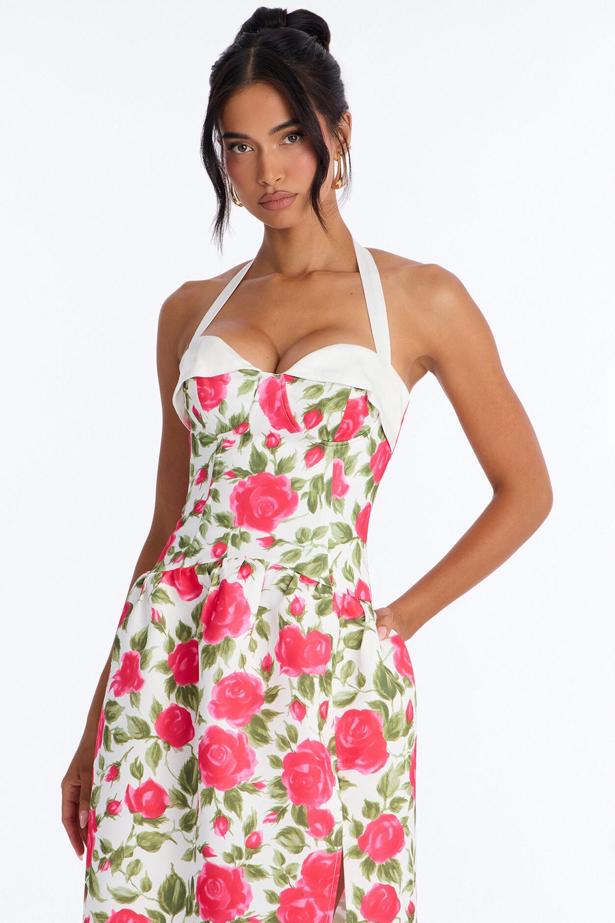 Sweetheart Floral Satin High Slit Maxi Dress - Pink/combo