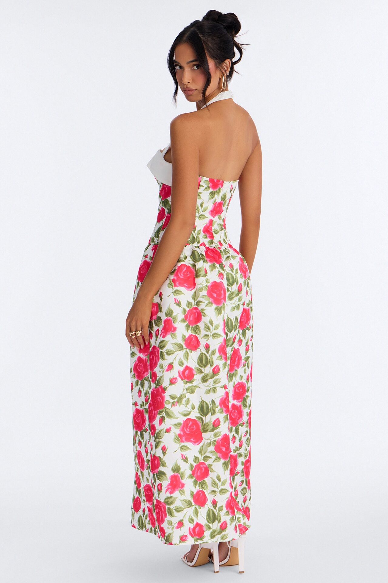 Sweetheart Floral Satin High Slit Maxi Dress - Pink/combo