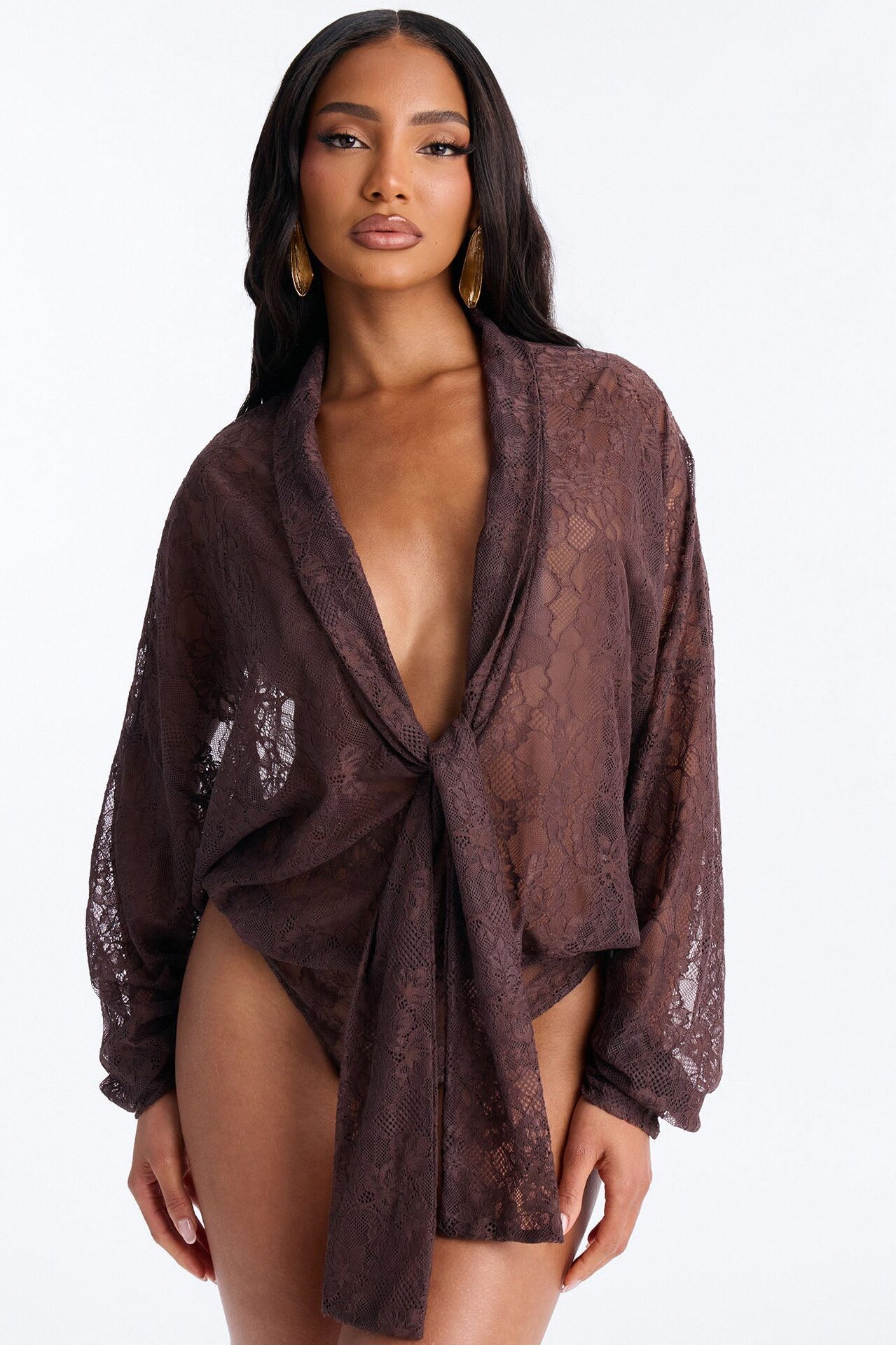 Chic And Out Long Sleeve Lace Bodysuit - Chocolate