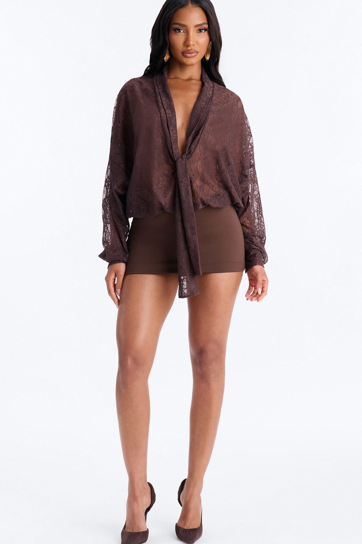 Chic And Out Long Sleeve Lace Bodysuit - Chocolate