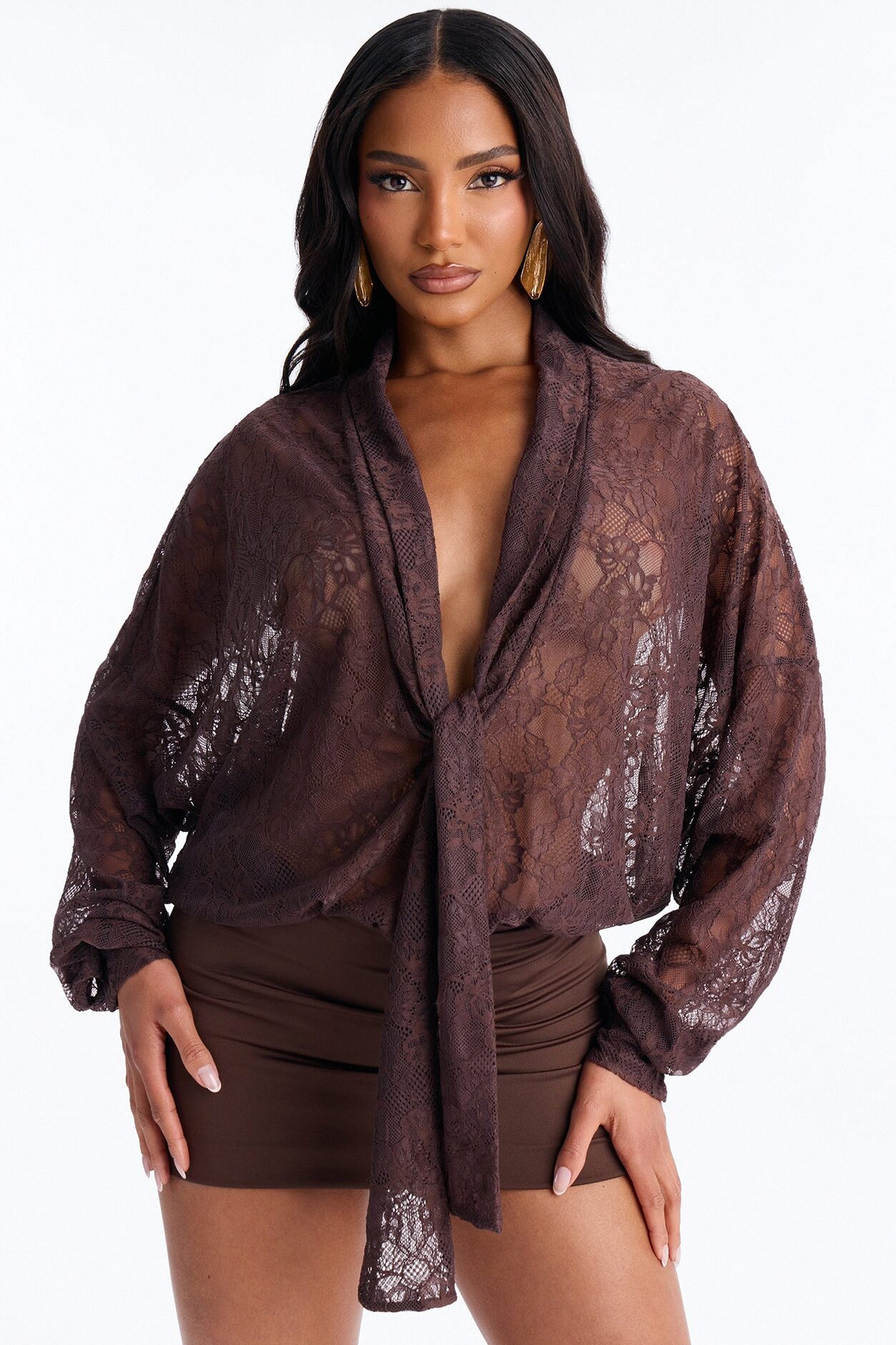 Chic And Out Long Sleeve Lace Bodysuit - Chocolate