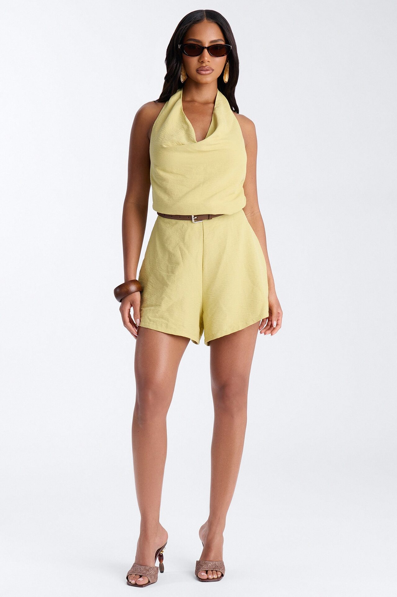 Talia Cowl Belted Micro Romper - Chartreuse