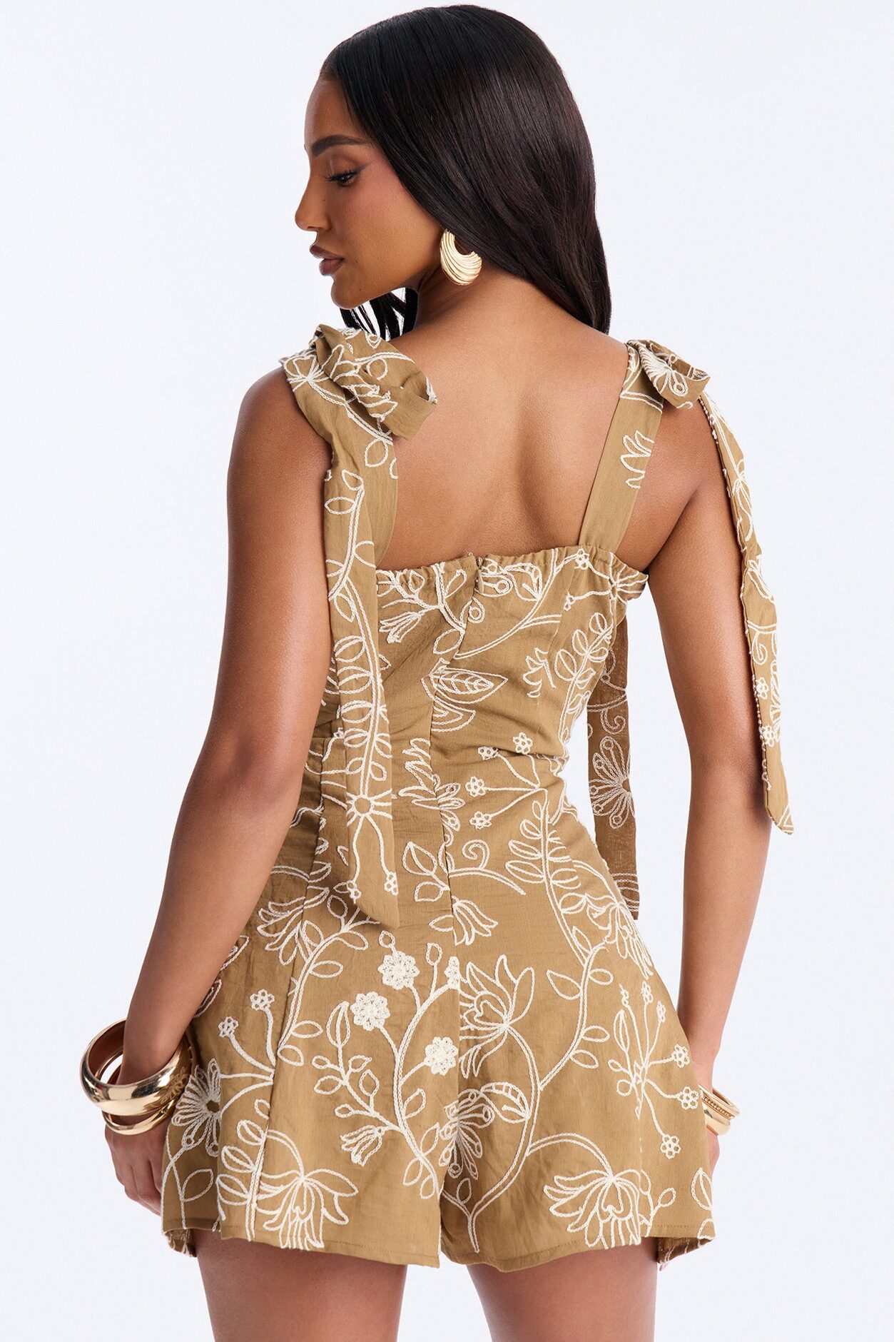 Fiona Floral Linen Tie Shoulder Romper - Brown/combo