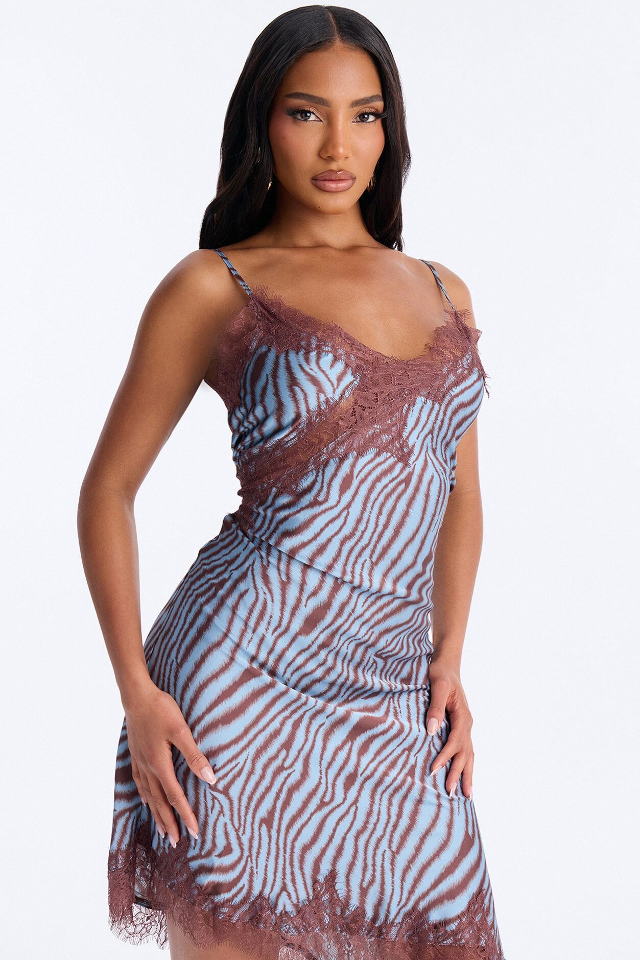 Instinct Only Zebra Satin Midi Dress - Brown/combo