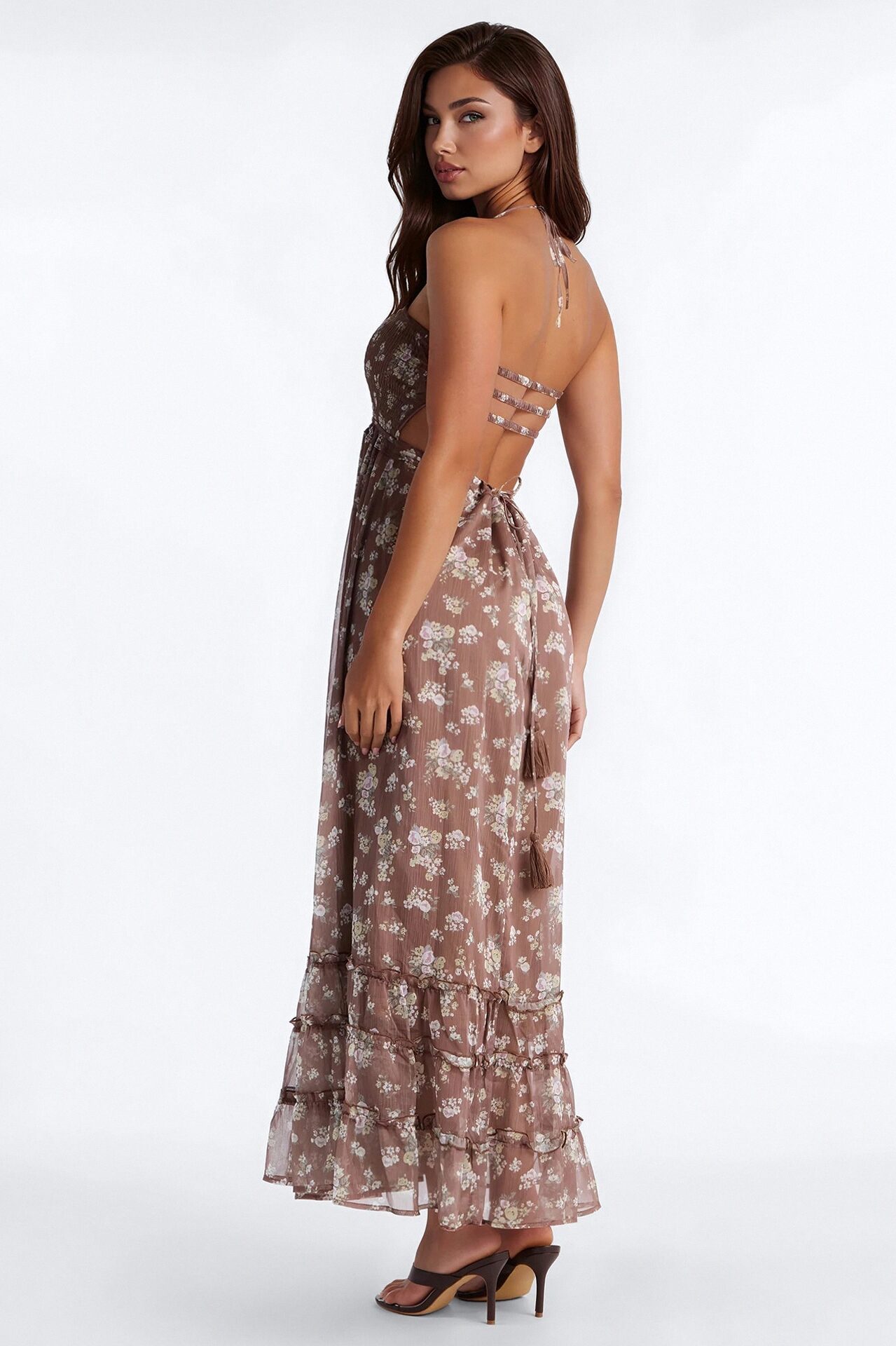 Lilah Floral Backless Maxi Dress - Brown/combo
