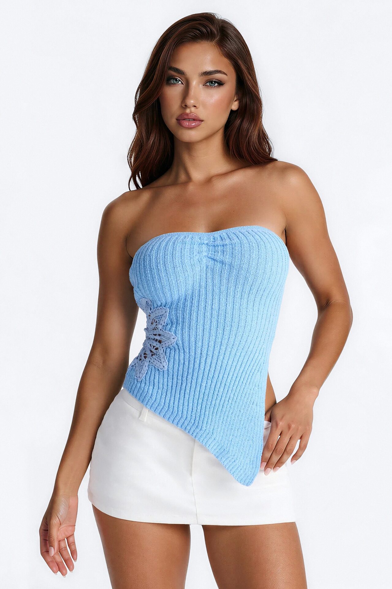 Amelia Asymmetric Strapless Sweater Top - Blue