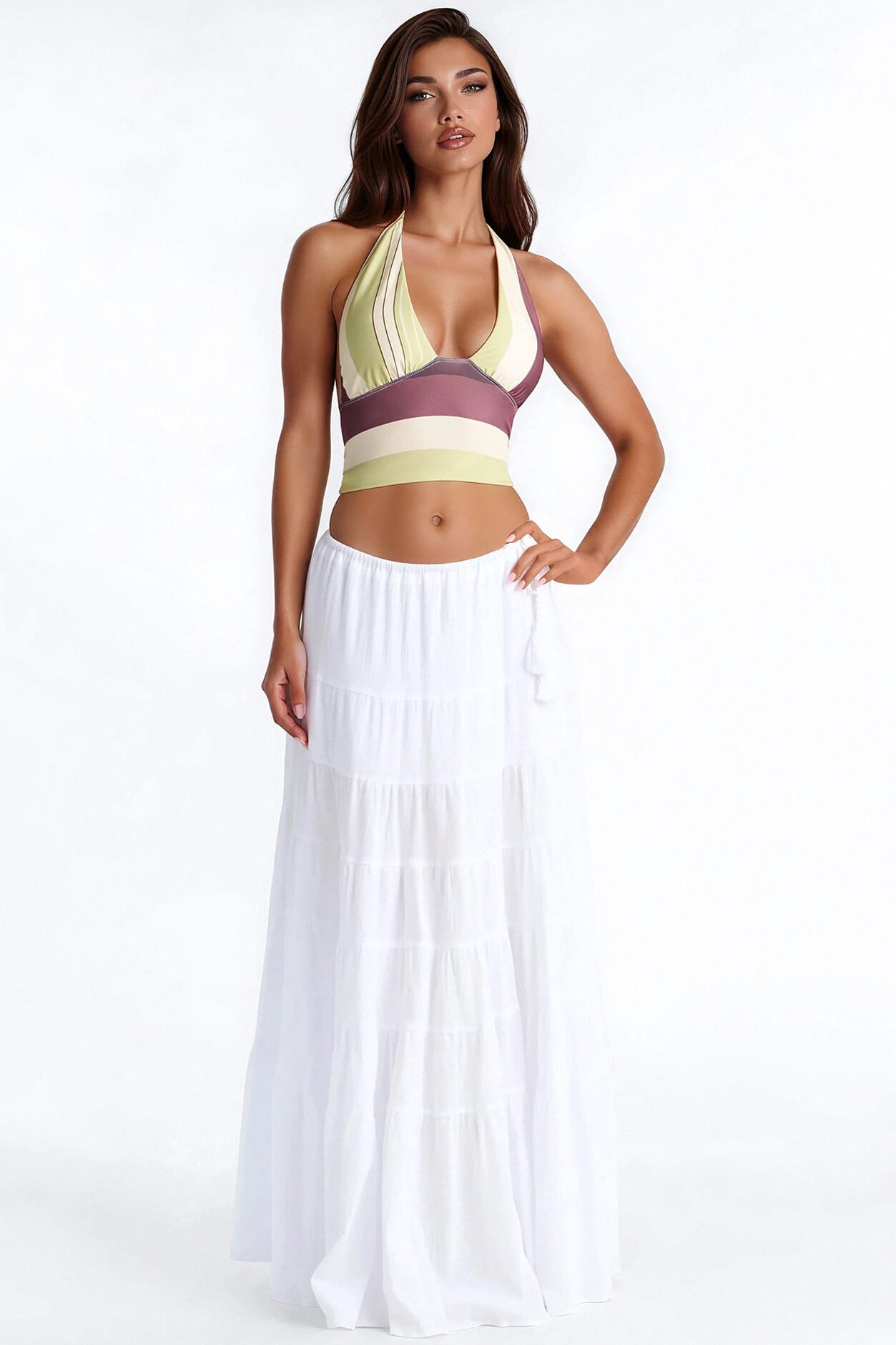 Summer Haze Tiered Rope Tie Waist Maxi Skirt - White