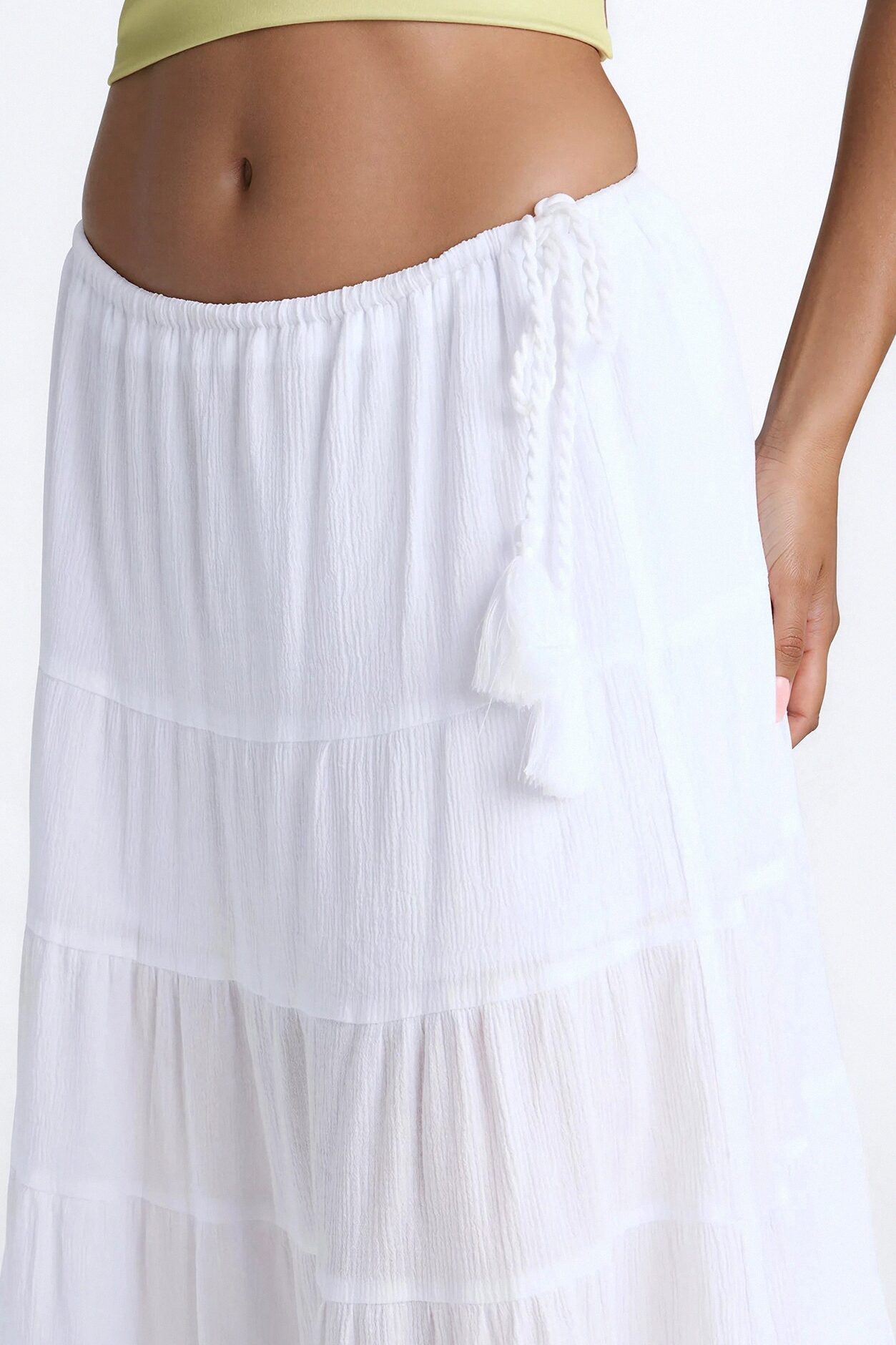 Summer Haze Tiered Rope Tie Waist Maxi Skirt - White
